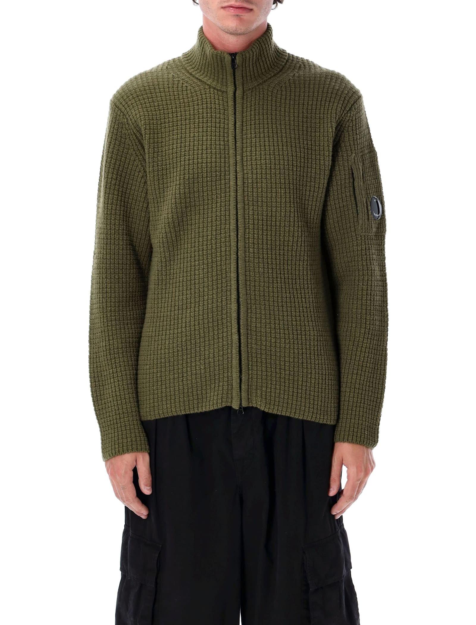 C.p. Company Textured Green Zip-up Knitwear With High Collar In Green