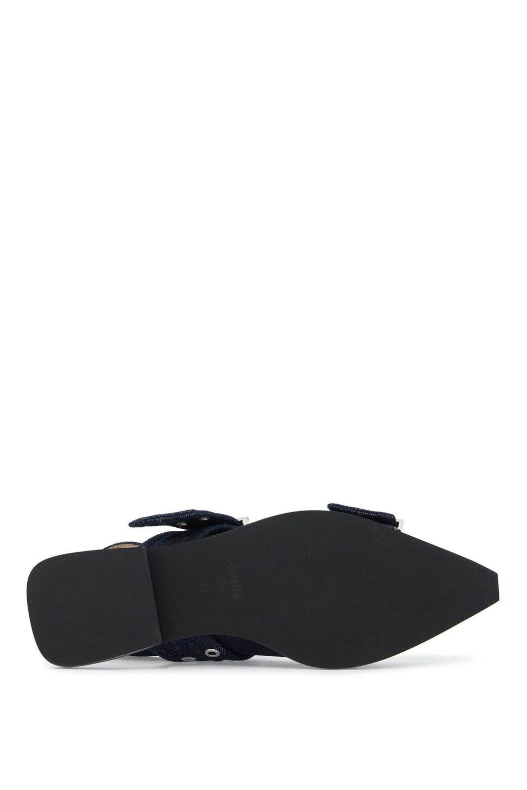 Shop Ganni Double-buckled Denim Ballerina Shoes In Dark Navy