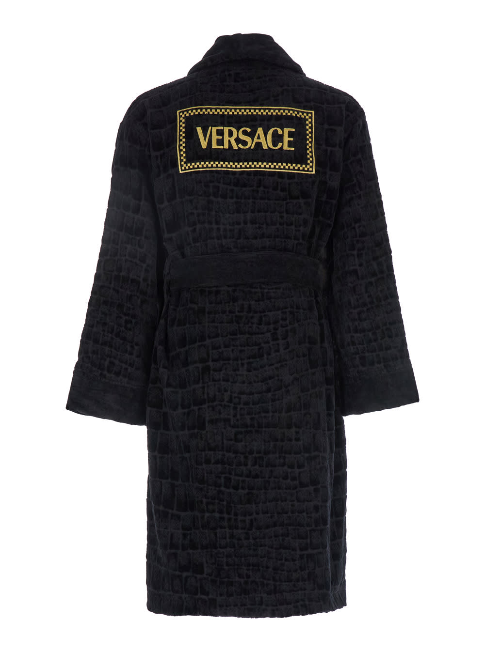 Versace Black Bathrobe With Medusa Plaque On The Front And Maxi Logo On The Back In Cotton Home