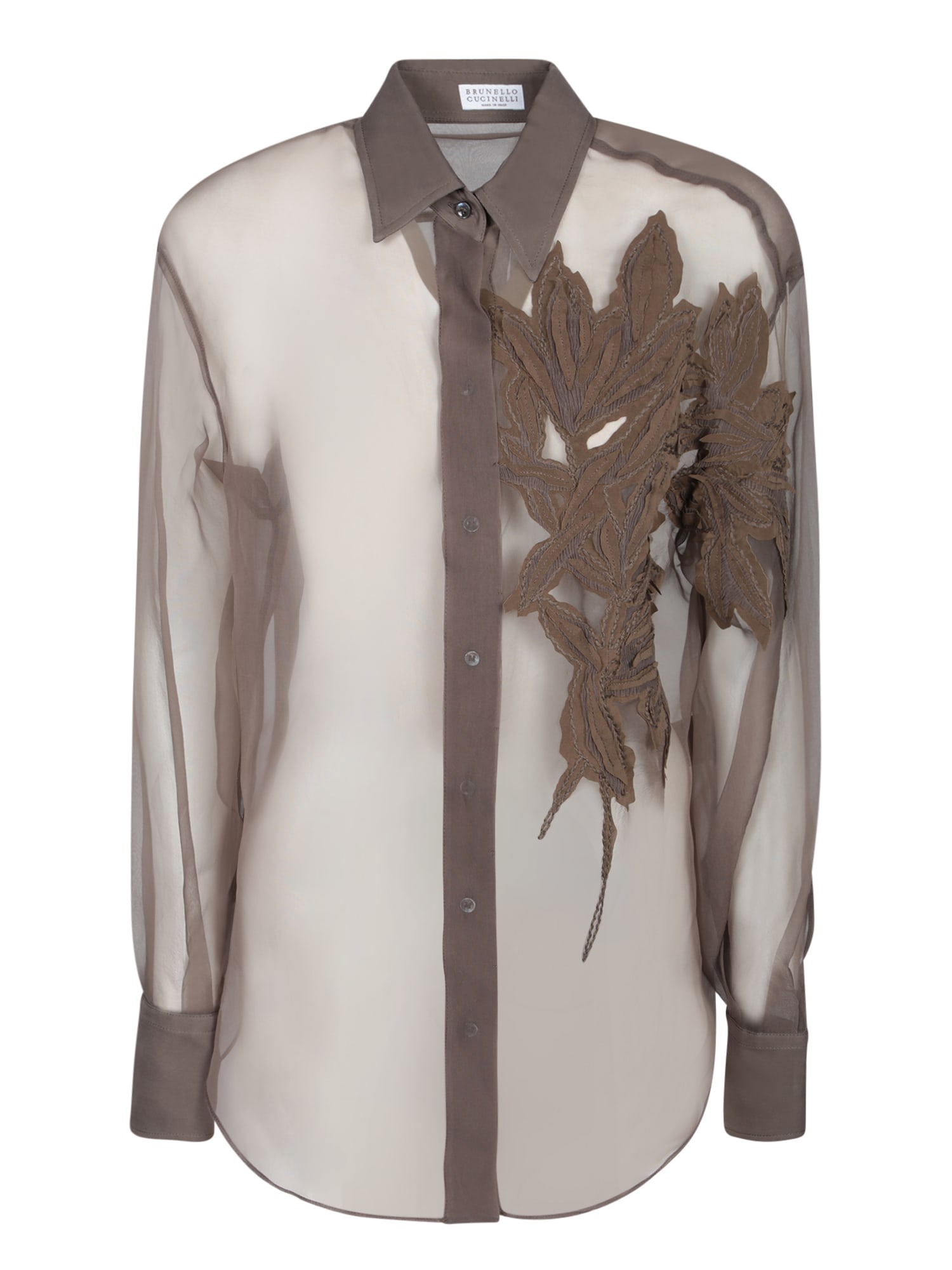 Brunello Cucinelli Brown Shirt With Semi-transparent Design And Embroidery On The Front In Brown