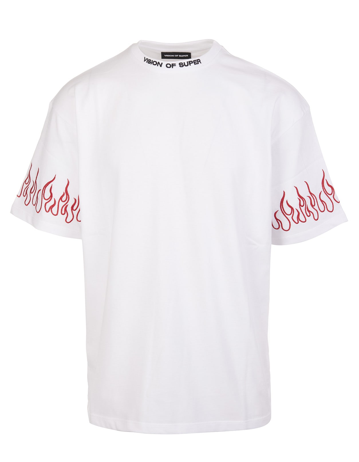 Vision of Super Man White T-shirt With Red Embroidered Flames