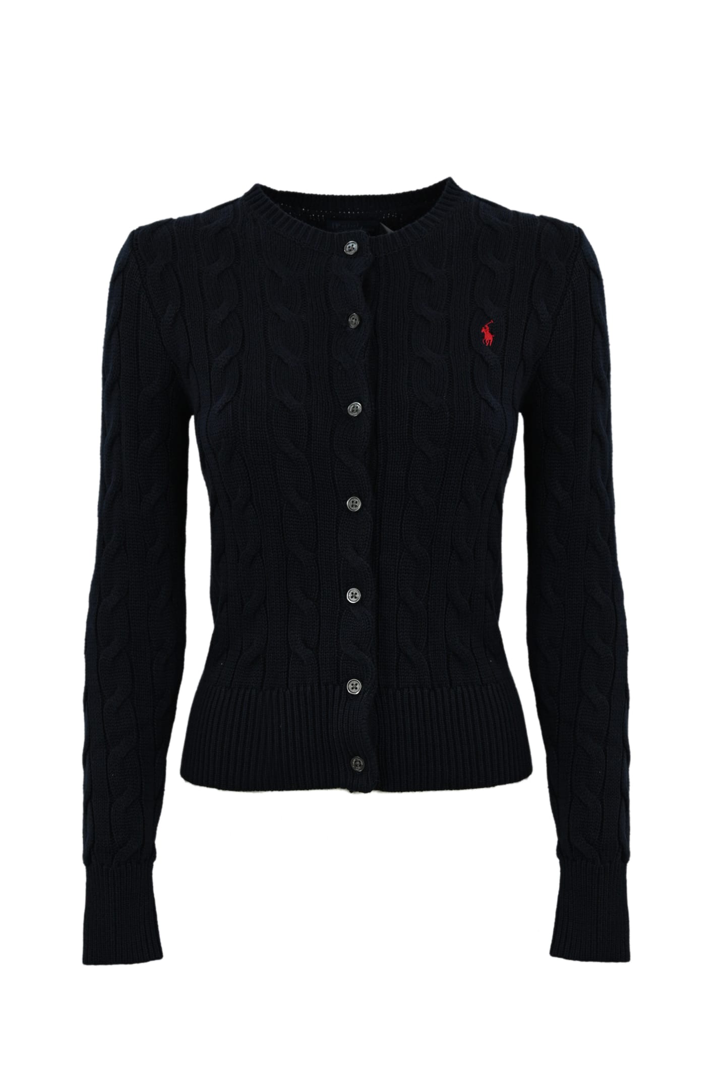 Shop Polo Ralph Lauren Cable Cardigan With Logo In Blue