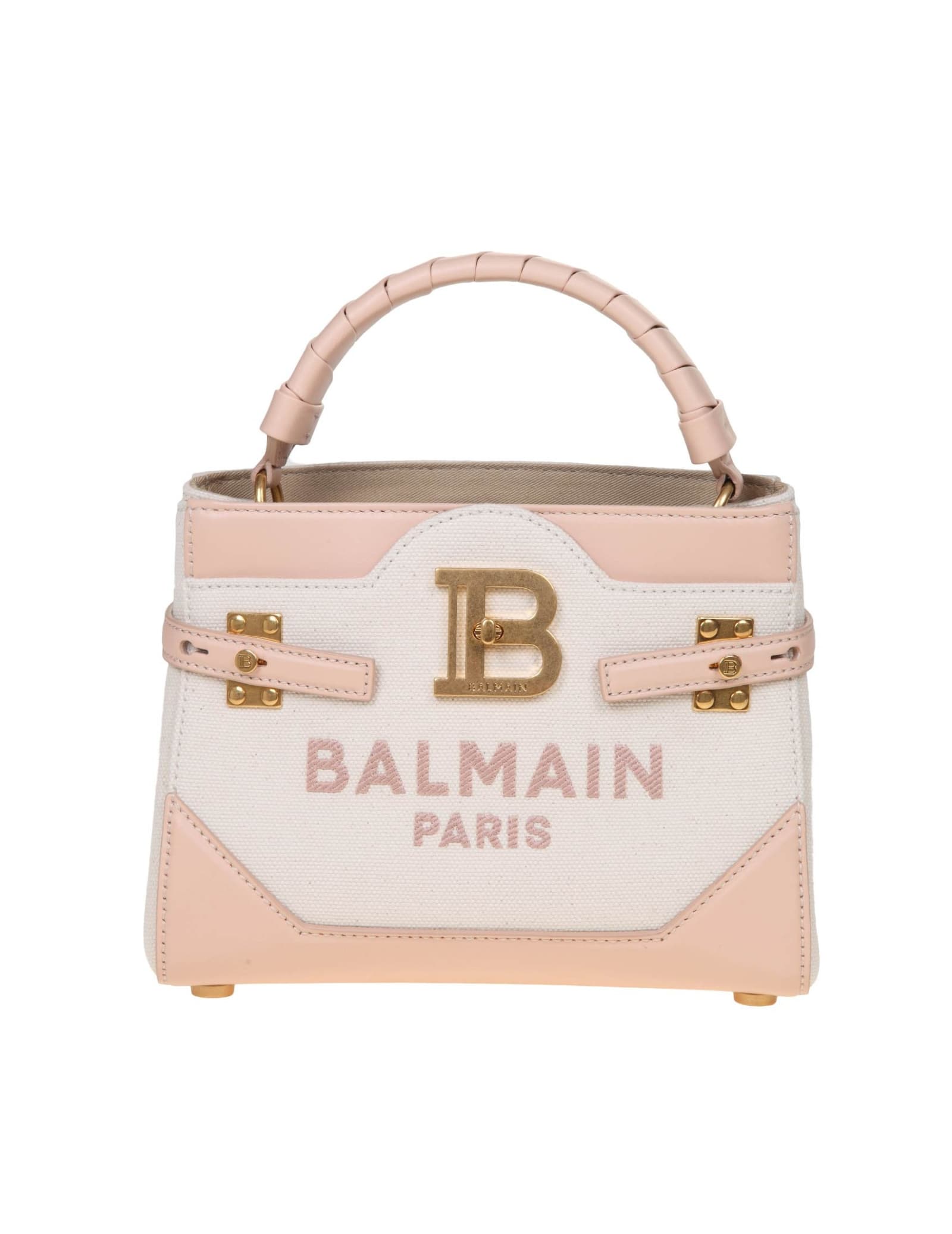 Shop Balmain B-buzz 22 Bag In Canvas And Leather Nude Pink In Creme/nude