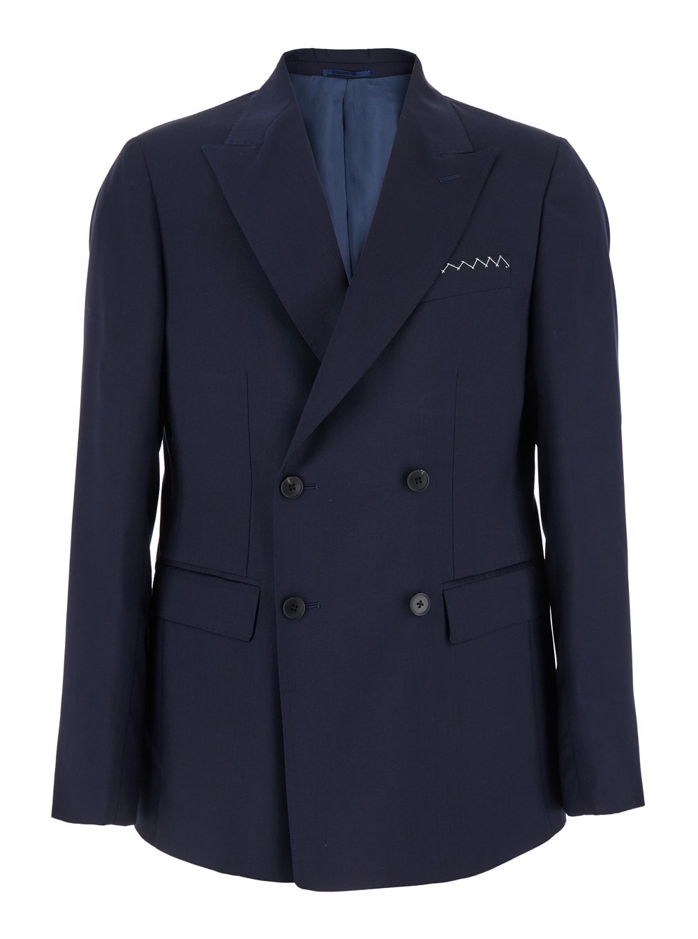 Blue Double-breasted Jacket With Peak Revers And Embroidery Detail On The Front In Wool Man