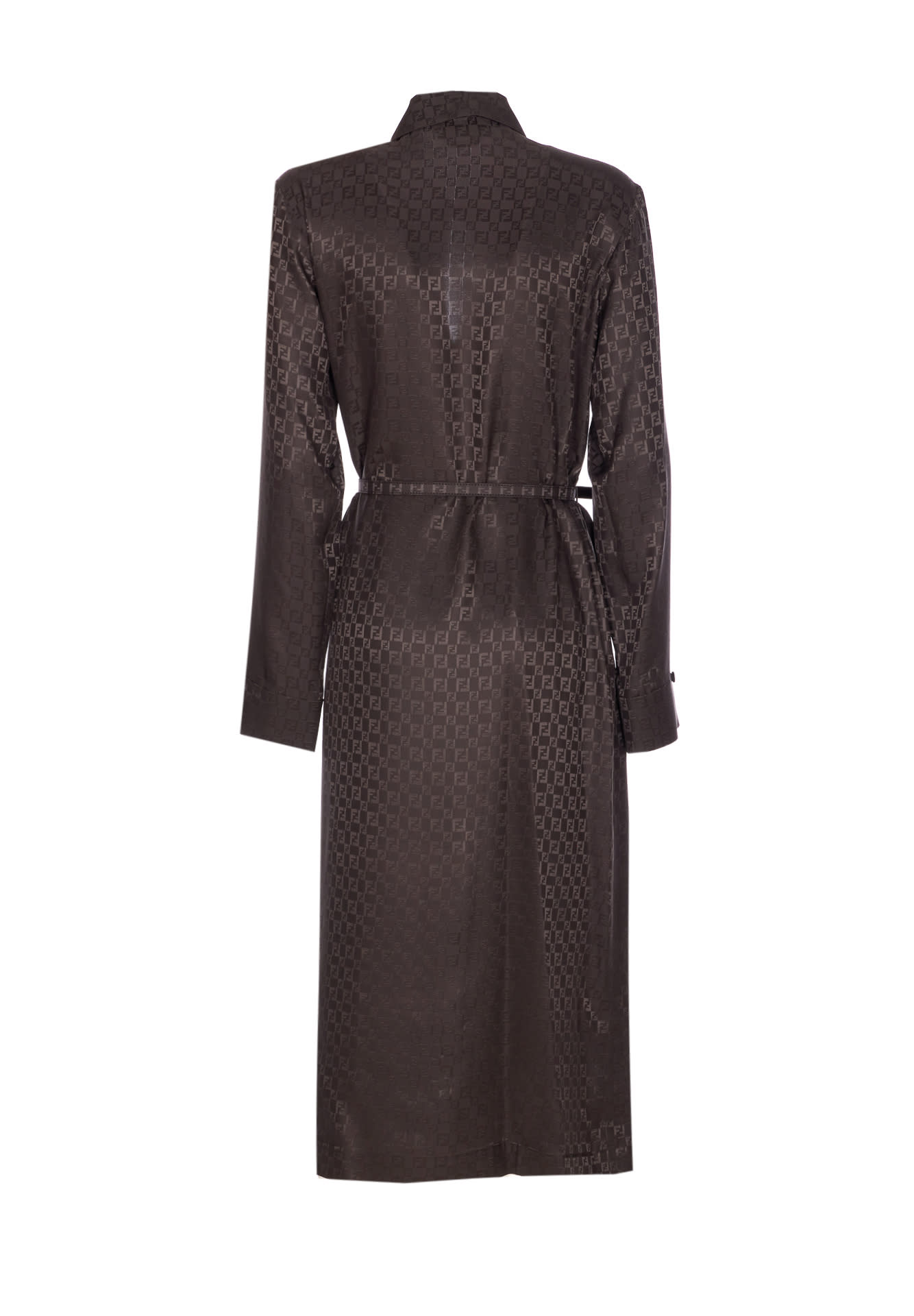 Fendi Silk Chess Ff Long Sleeve Midi Dress Dresses Brown In Brown