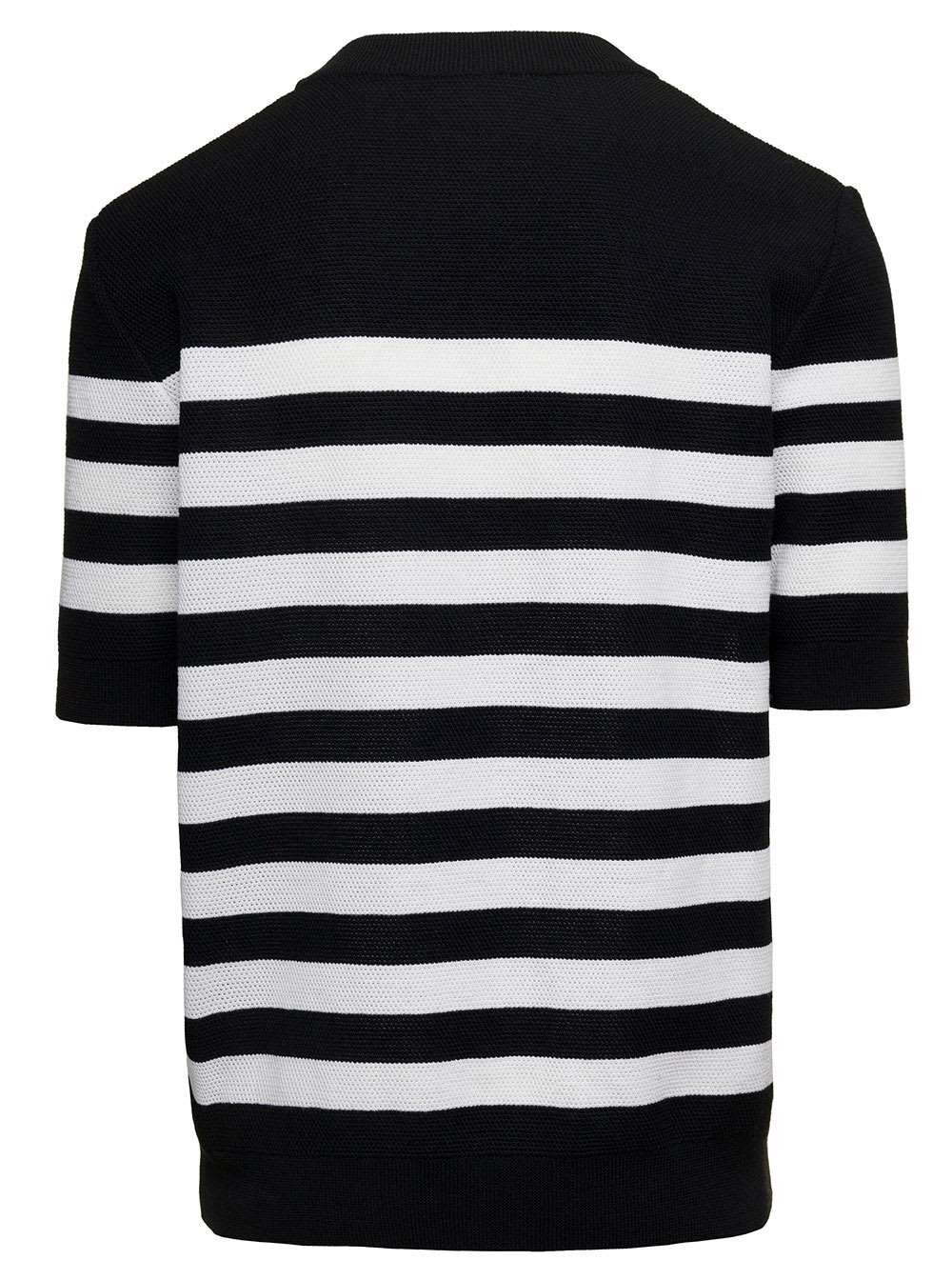 Shop Balmain Black And White Stripe T-shirt With Logo Embroidery In Wool Man