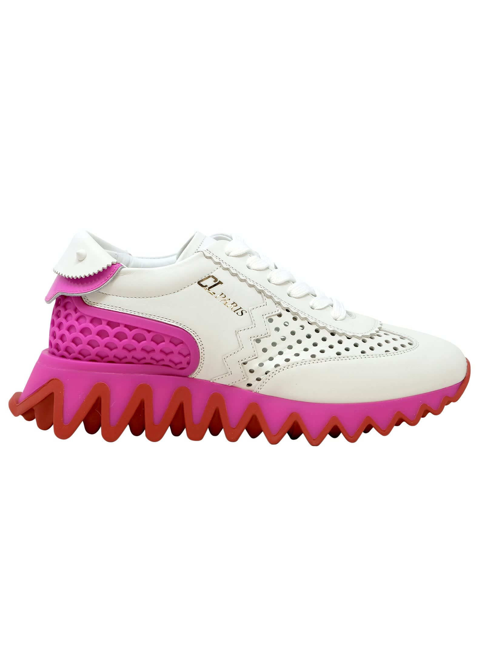 White And Pink Leather Loubishark Sneakers