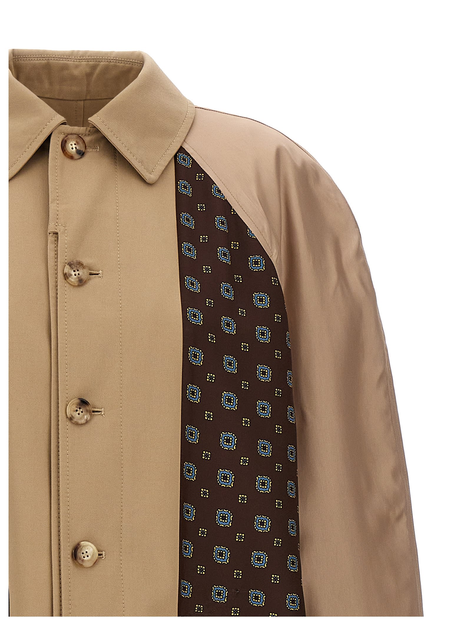 Shop Moschino Long Trench Coat With Patterned Inserts In Beige