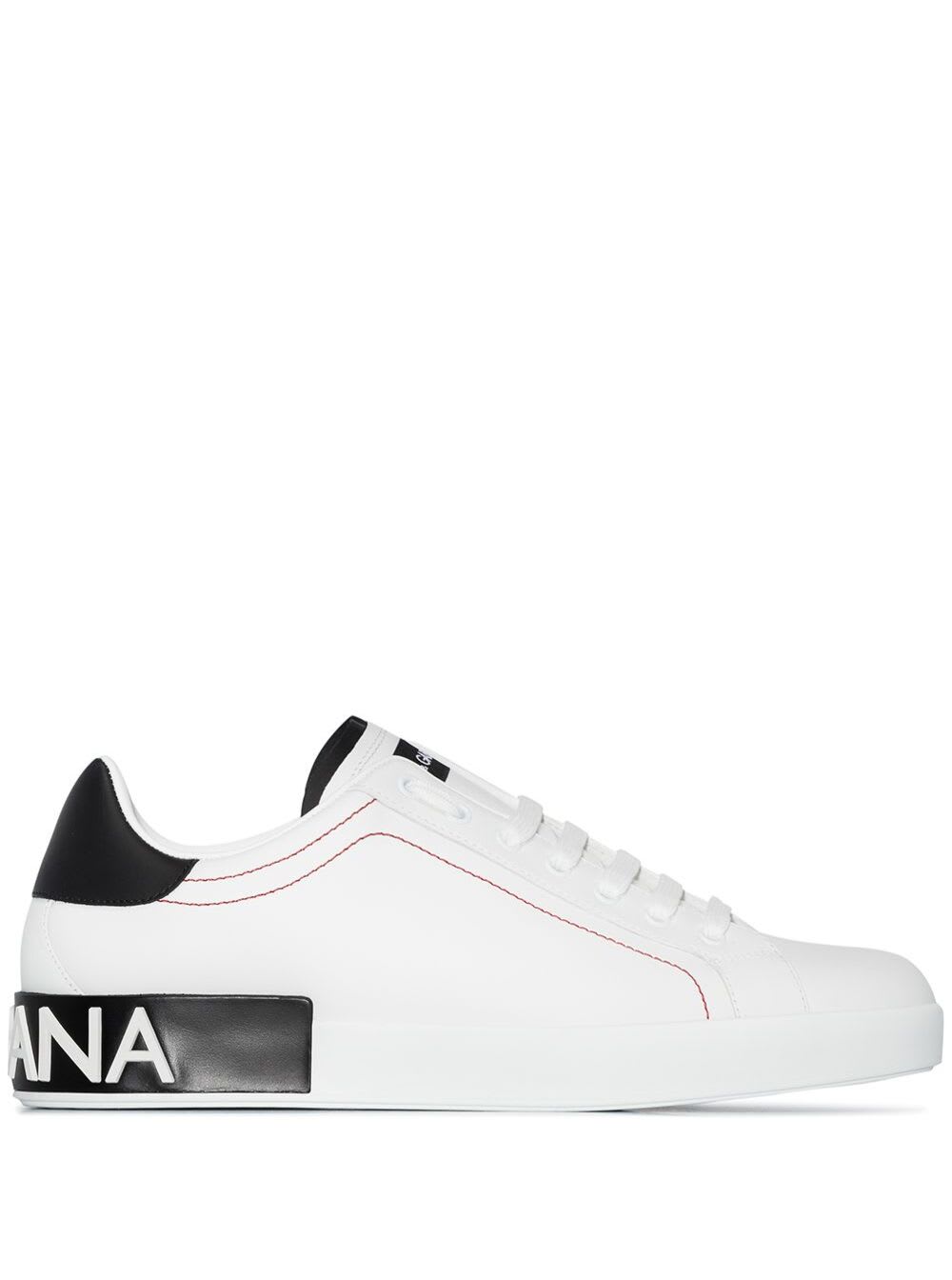 Dolce & Gabbana Mans Portofino White And Black Leather Sneakers With Logo