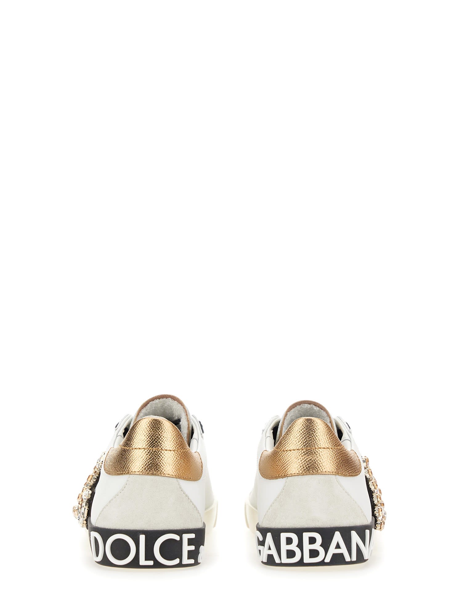 Dolce & Gabbana Portofino Vintage Leather Sneakers With Rhinestone Dg In White / Gold
