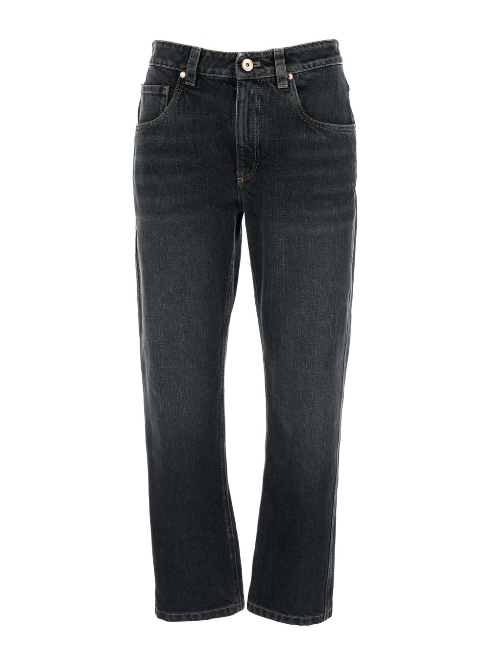 BRUNELLO CUCINELLI BLACK STRAIGHT JEANS WITH LOGO PATCH IN COTTON DENIM WOMAN