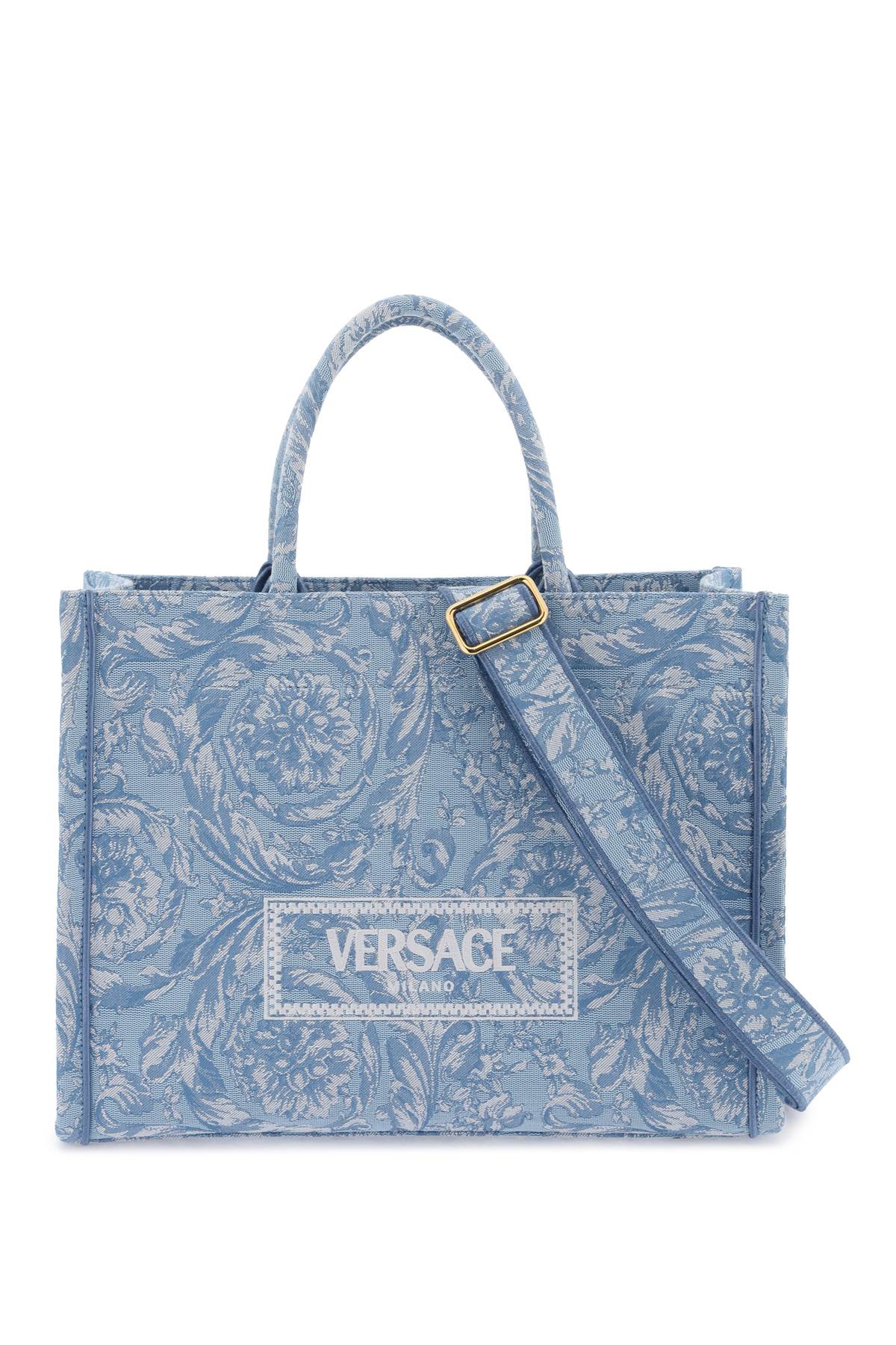 Versace Athena Barocco Tote Bag In Baby Blue Gentian Blue Ve (light Blue)
