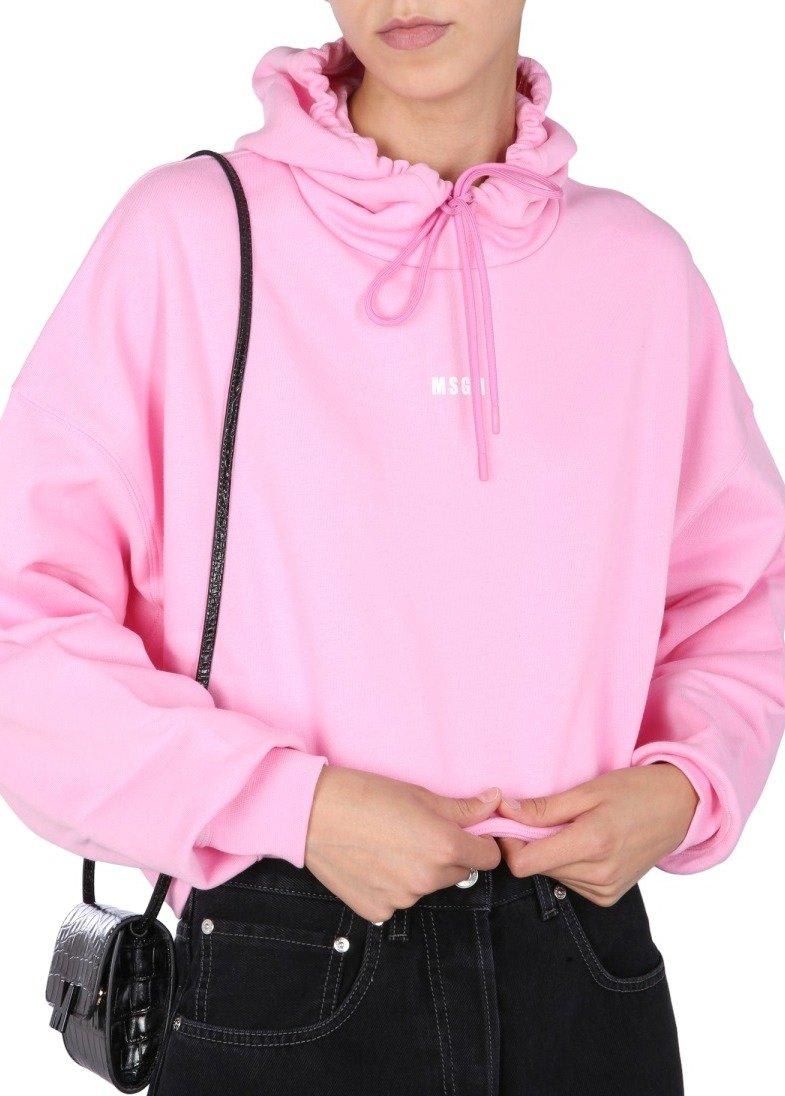 Shop Msgm Logo Printed Drawstring Hoodie In Pink