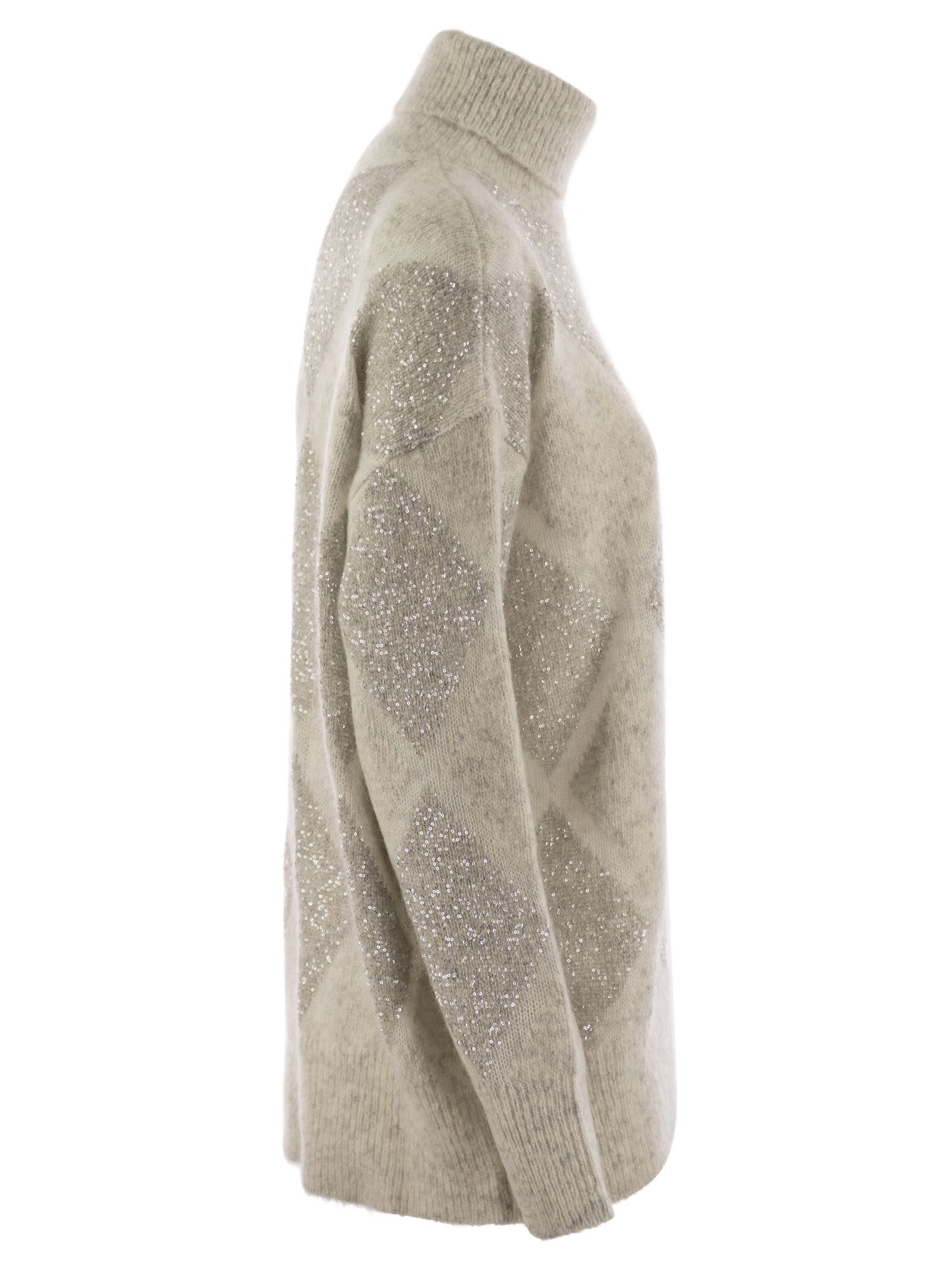 Brunello Cucinelli Dazzling Argyle Wool And Mohair Sweater In Pearl