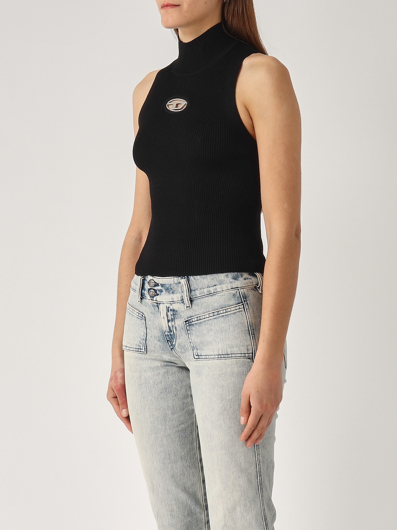 Diesel Black Tank Top With D Logo Cut-out In Nero