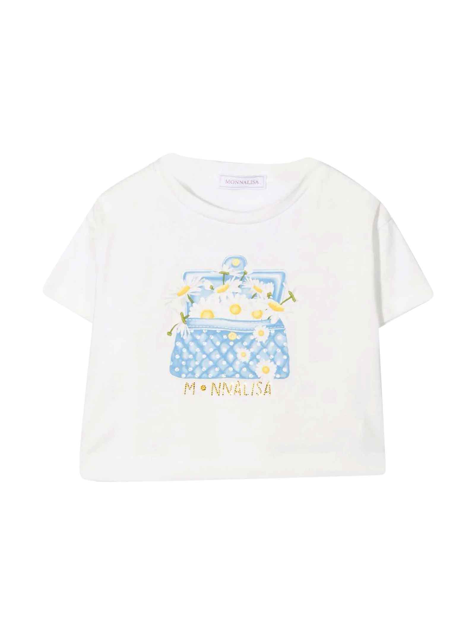 Monnalisa White T-shirt With Light Blue Print