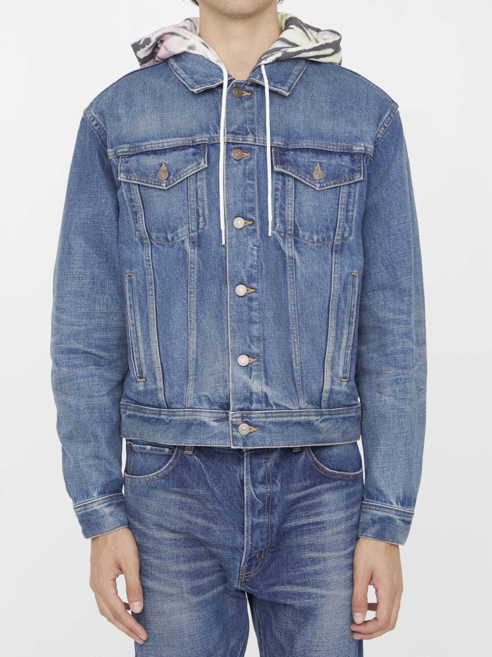 Shop Celine Denim Jacket With Tie-dye Hood