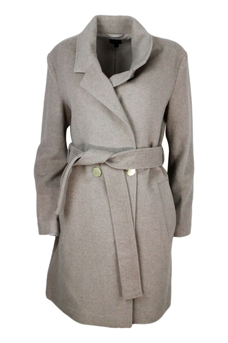 Armani Collezioni Coat In Woolen Cloth With Double-breasted Closure And With Belt At The Waist. Welt Pockets