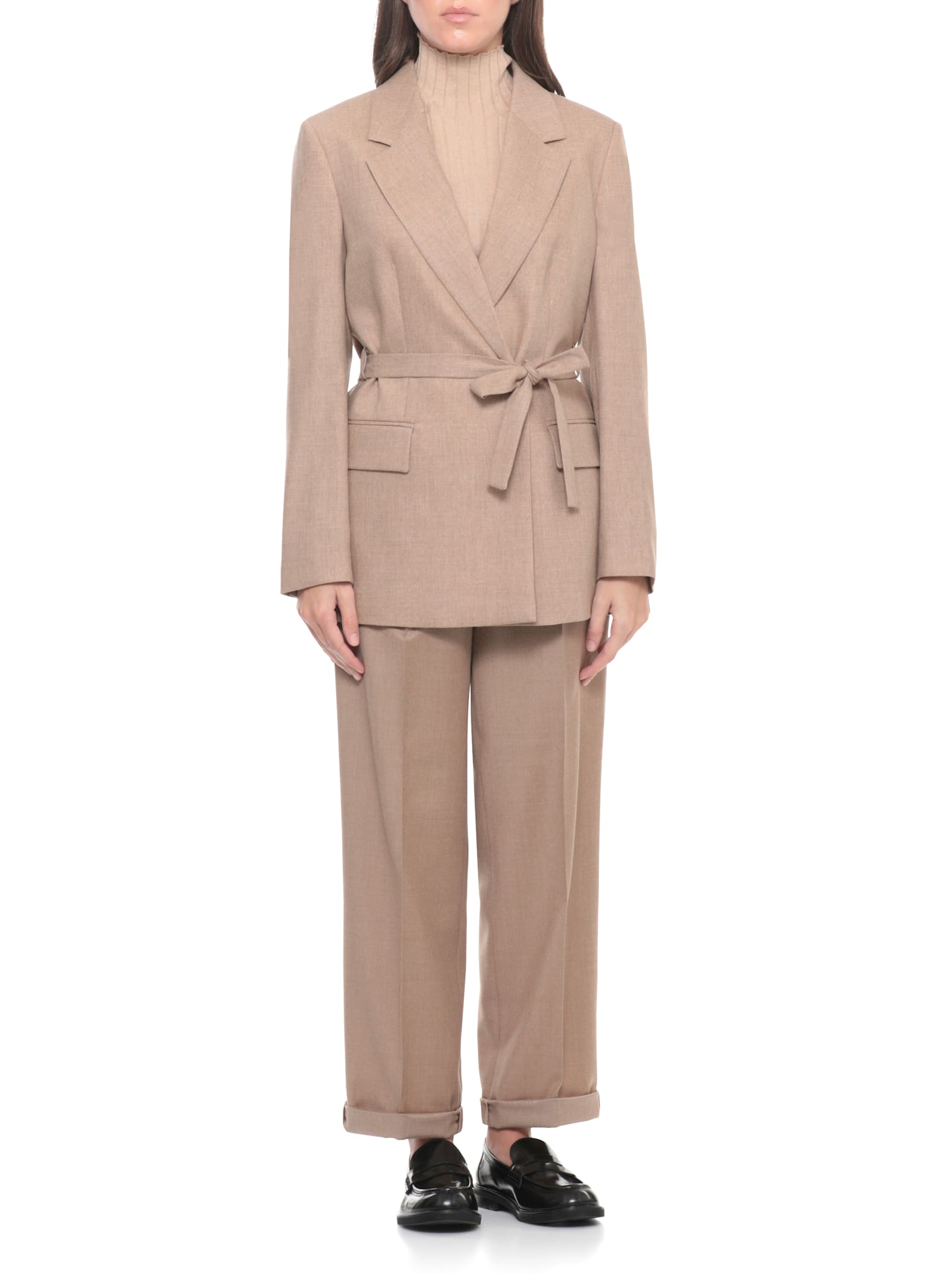 Peserico Wool Blazer With Notched Lapels And Belt In Brown