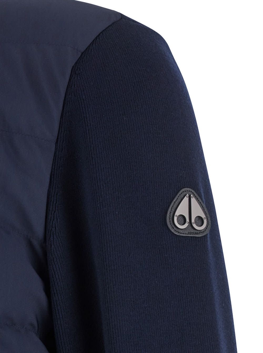 Moose Knuckles Blue Cardigan With Knitted Inserts And Logo Patch On Sleeve In Wool And Tech Fabric Blend Man In Blue