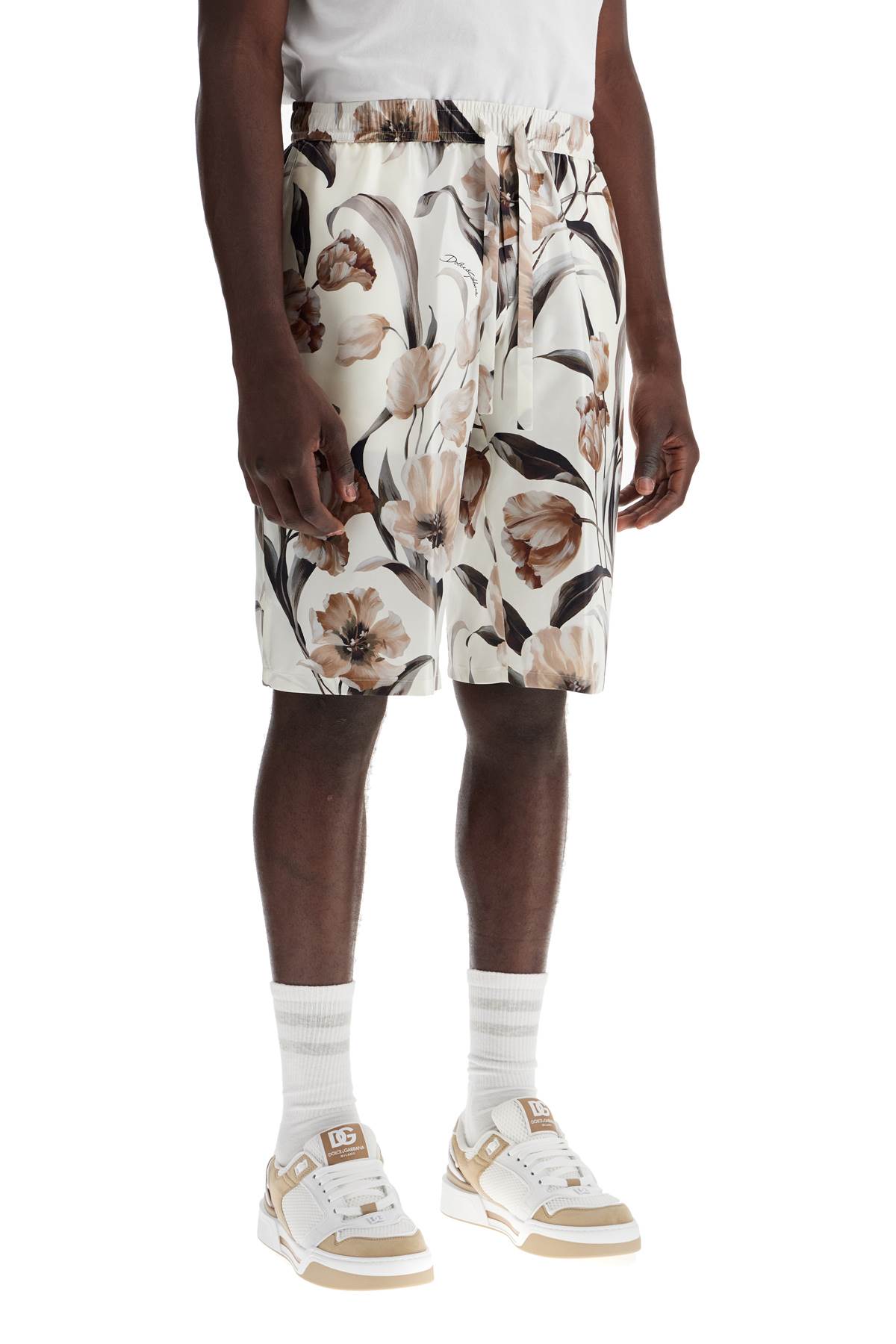 Shop Dolce & Gabbana Silk Bermuda Shorts With Floral Print Set In Tulipani Fdo Latte (white)