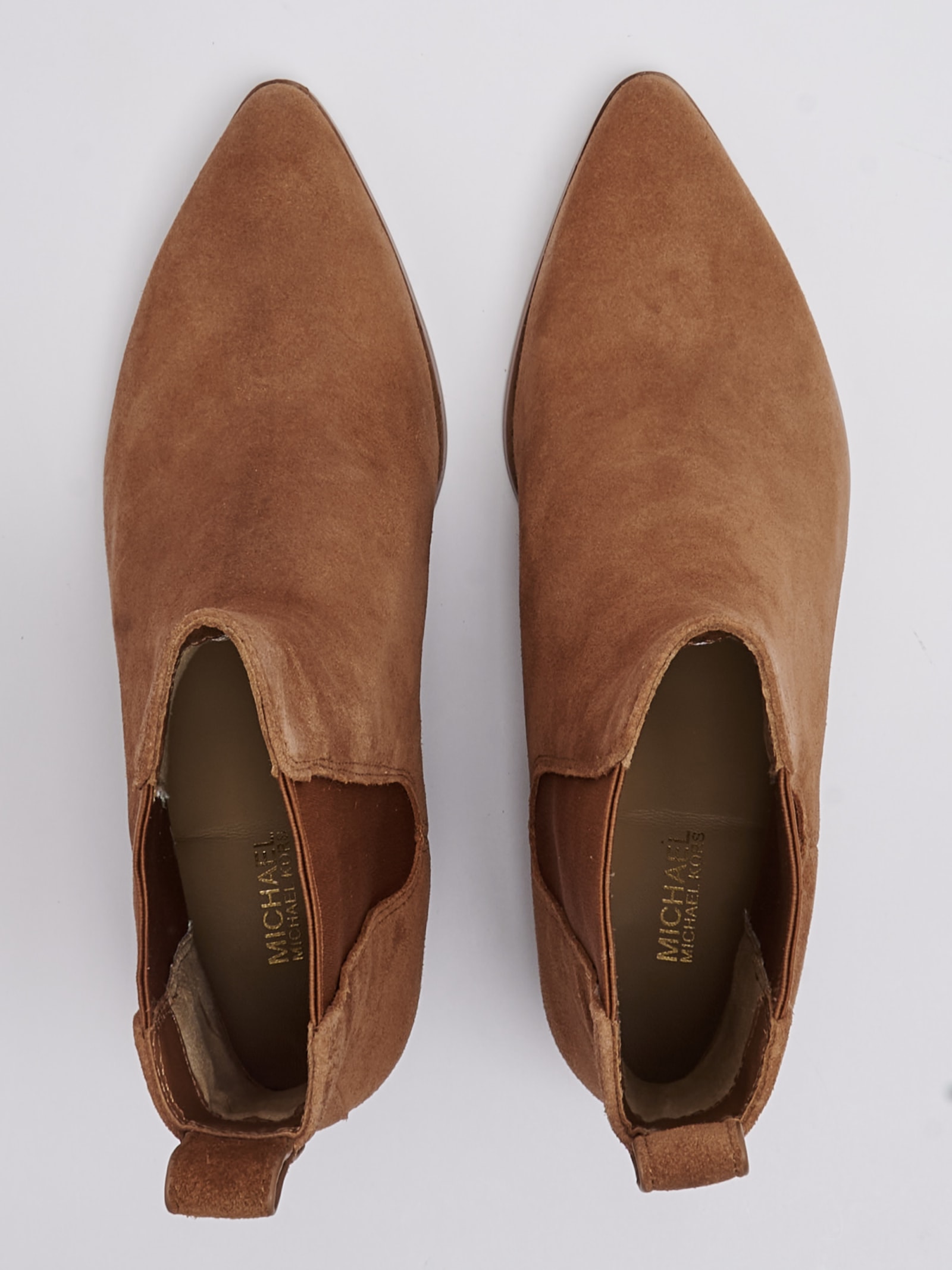 Michael Kors Women's Kinlee Pointed Toe Black Stretch Block Heel Booties In Brown