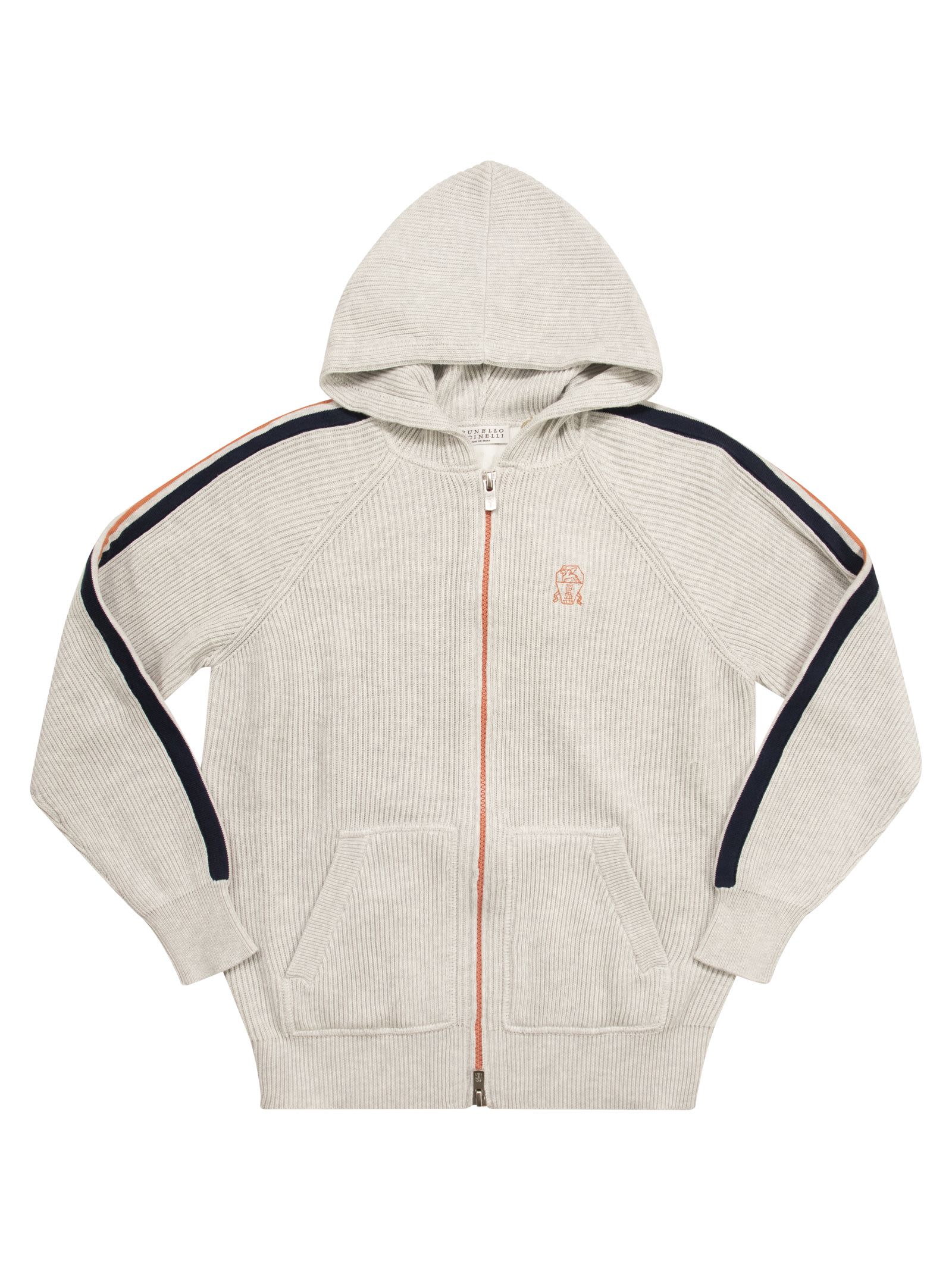 Brunello Cucinelli Kids' Cotton Rib Cardigan With Striped Detail And Hood In Fog