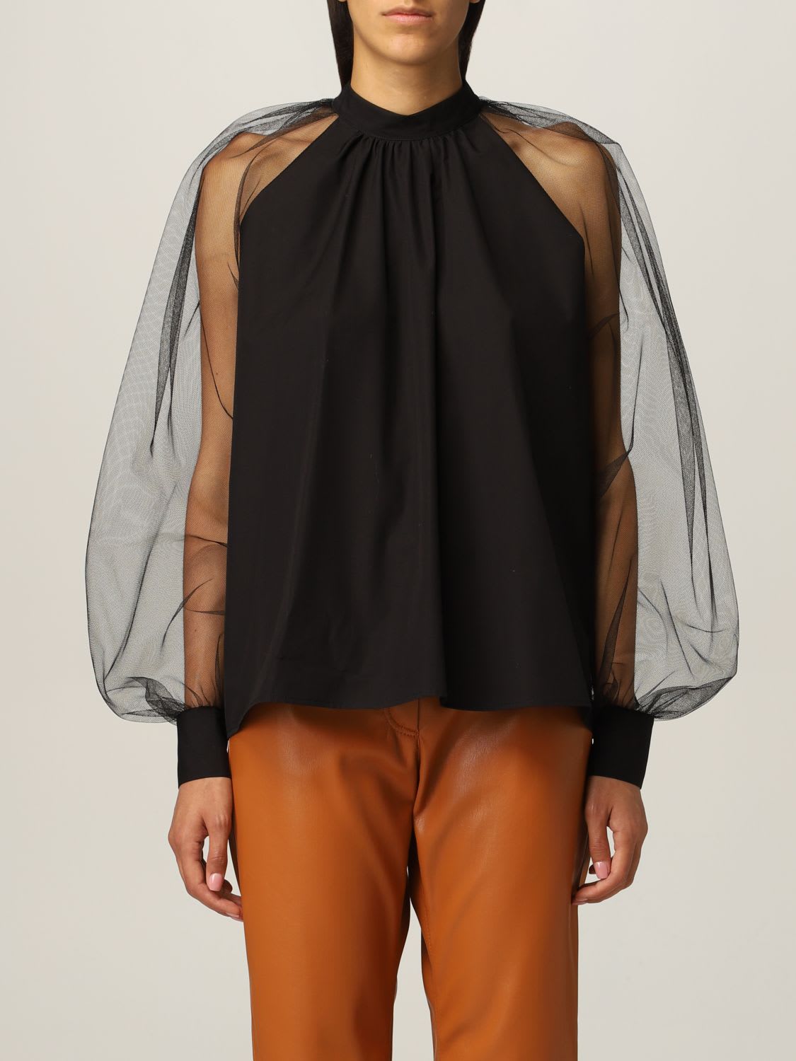 Msgm Top Msgm Cotton Blouse With Tulle Sleeves