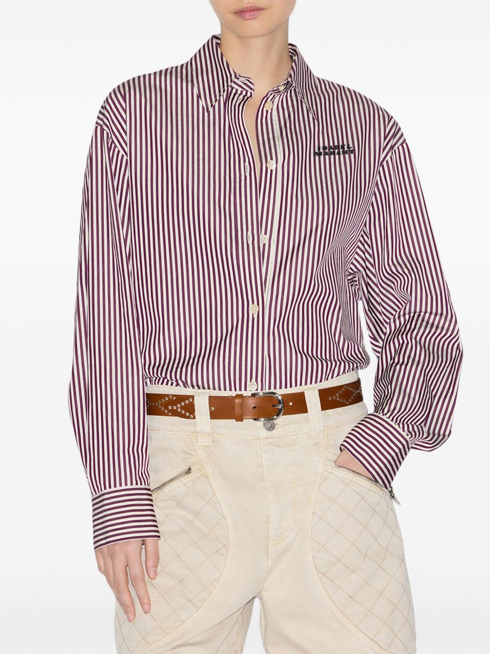 Isabel Marant Vertical Stripe Burgundy Cotton Shirt With Button-down Front In Purple