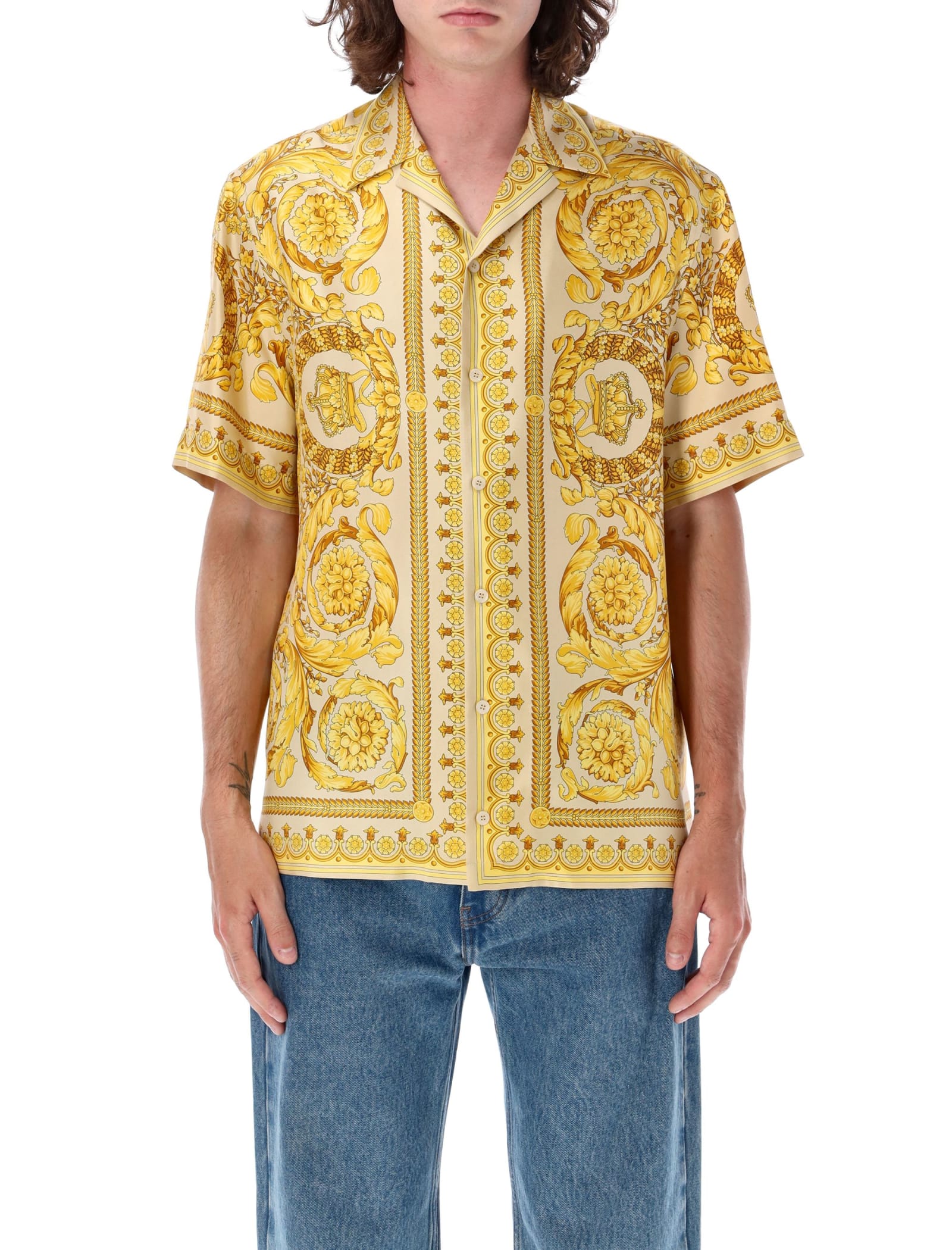 Shop Versace Barocco Silk Shirt In Champagne