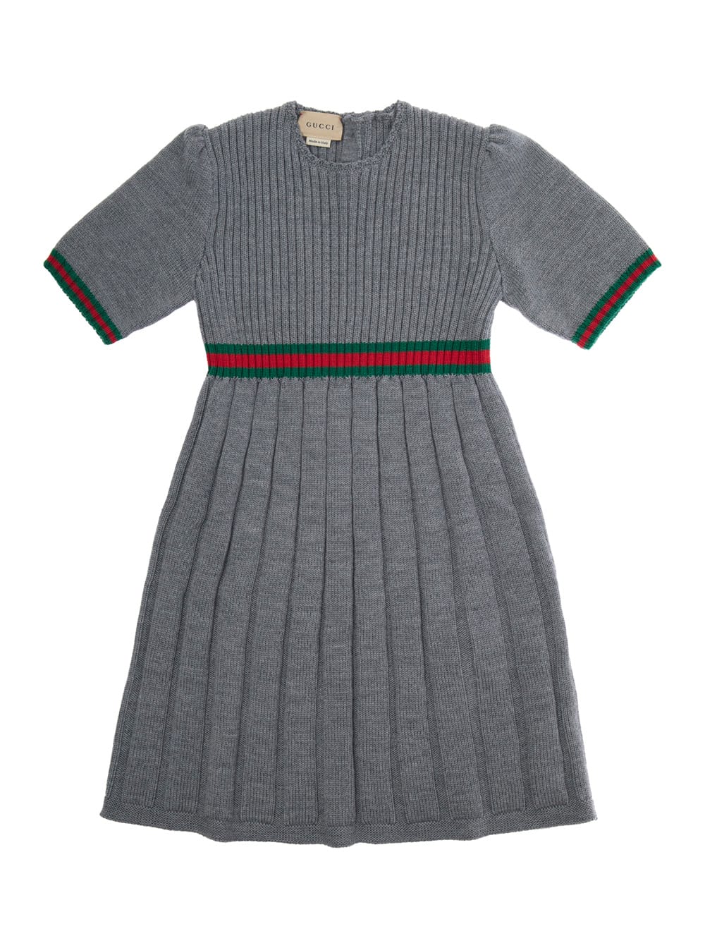 GUCCI GREY DRESS WITH ROUND NECK AND WEB DETAIL IN WOOL GIRL 