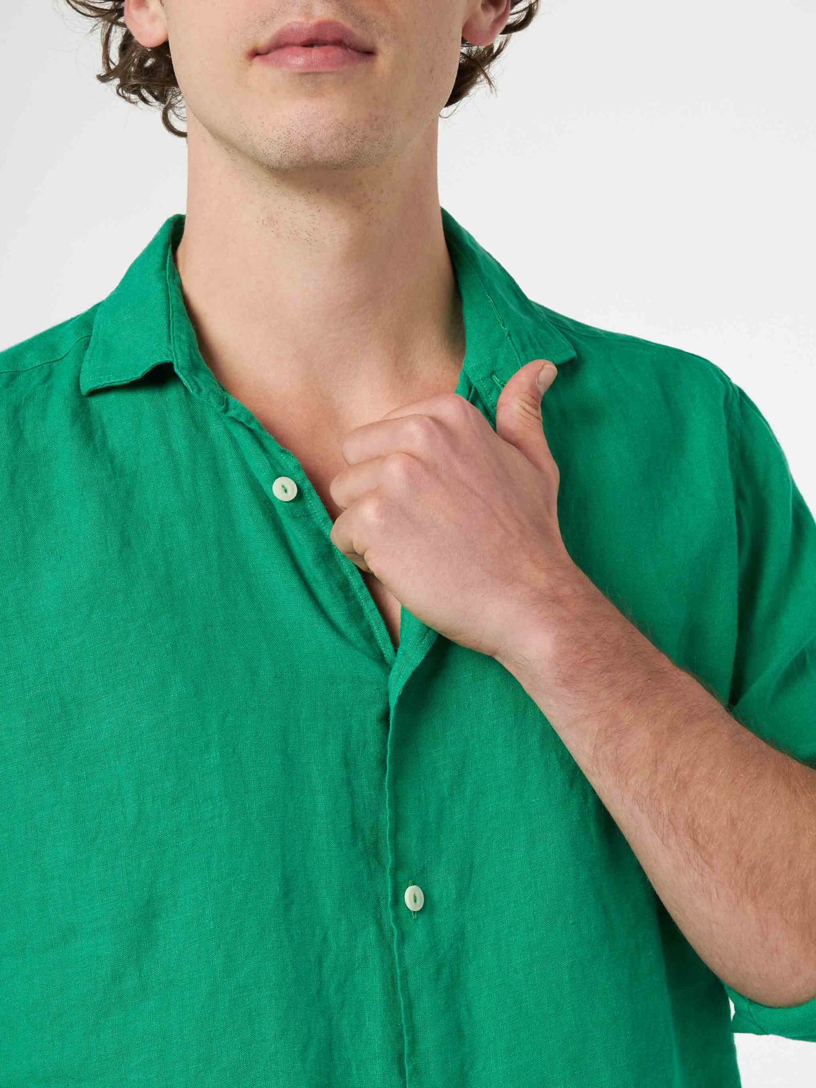 Shop Mc2 Saint Barth Man Green Linen Shirt Pamplona