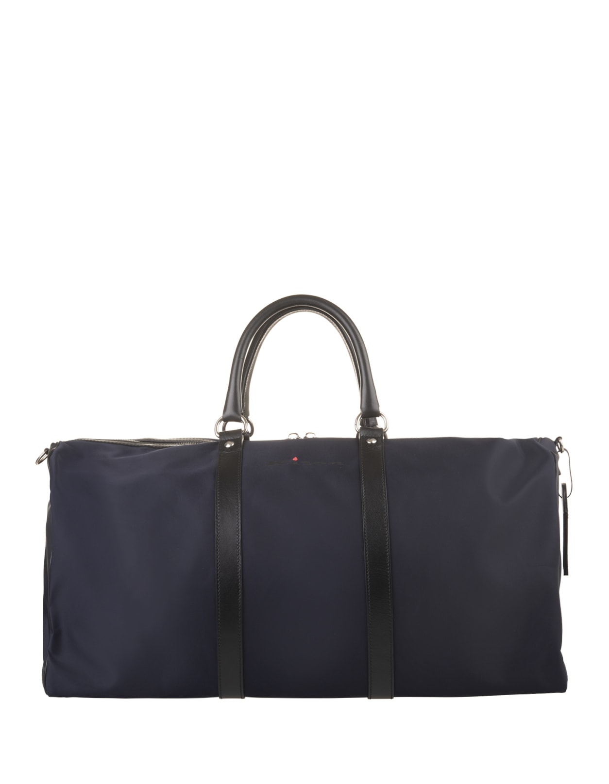 KITON NAVY BLUE NYLON AND LEATHER DUFFLE BAG WITH LOGO 