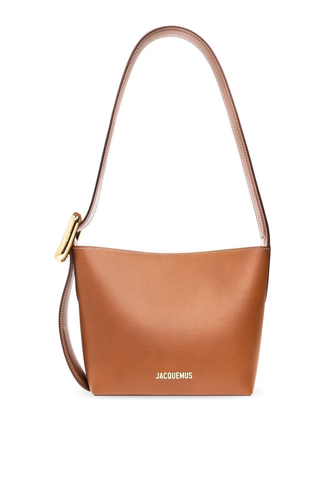 Shop Jacquemus Buckled Small Bucket Bag In Leather Brown