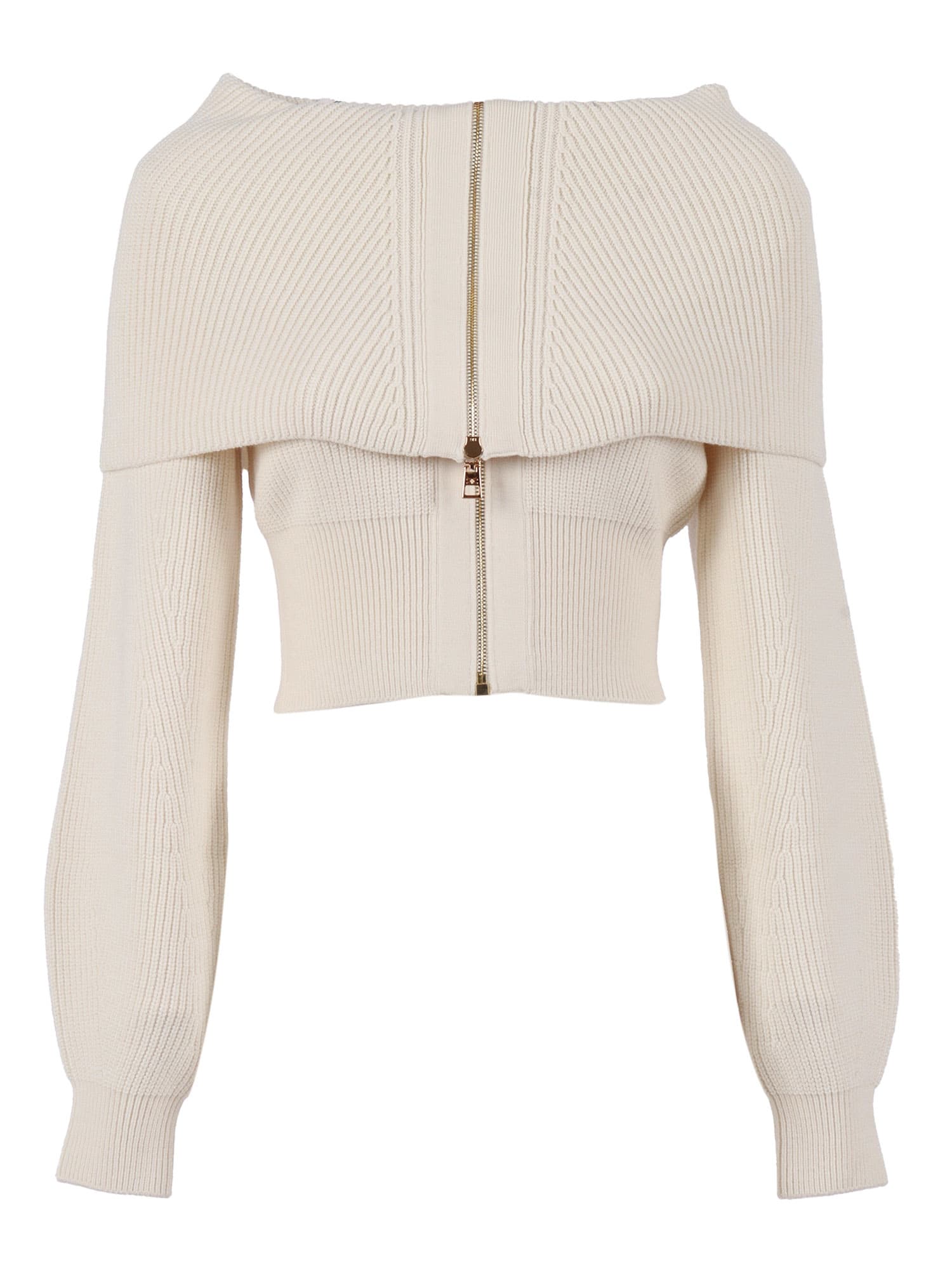 Elisabetta Franchi Cropped White Sweater With Fold-over Collar In White