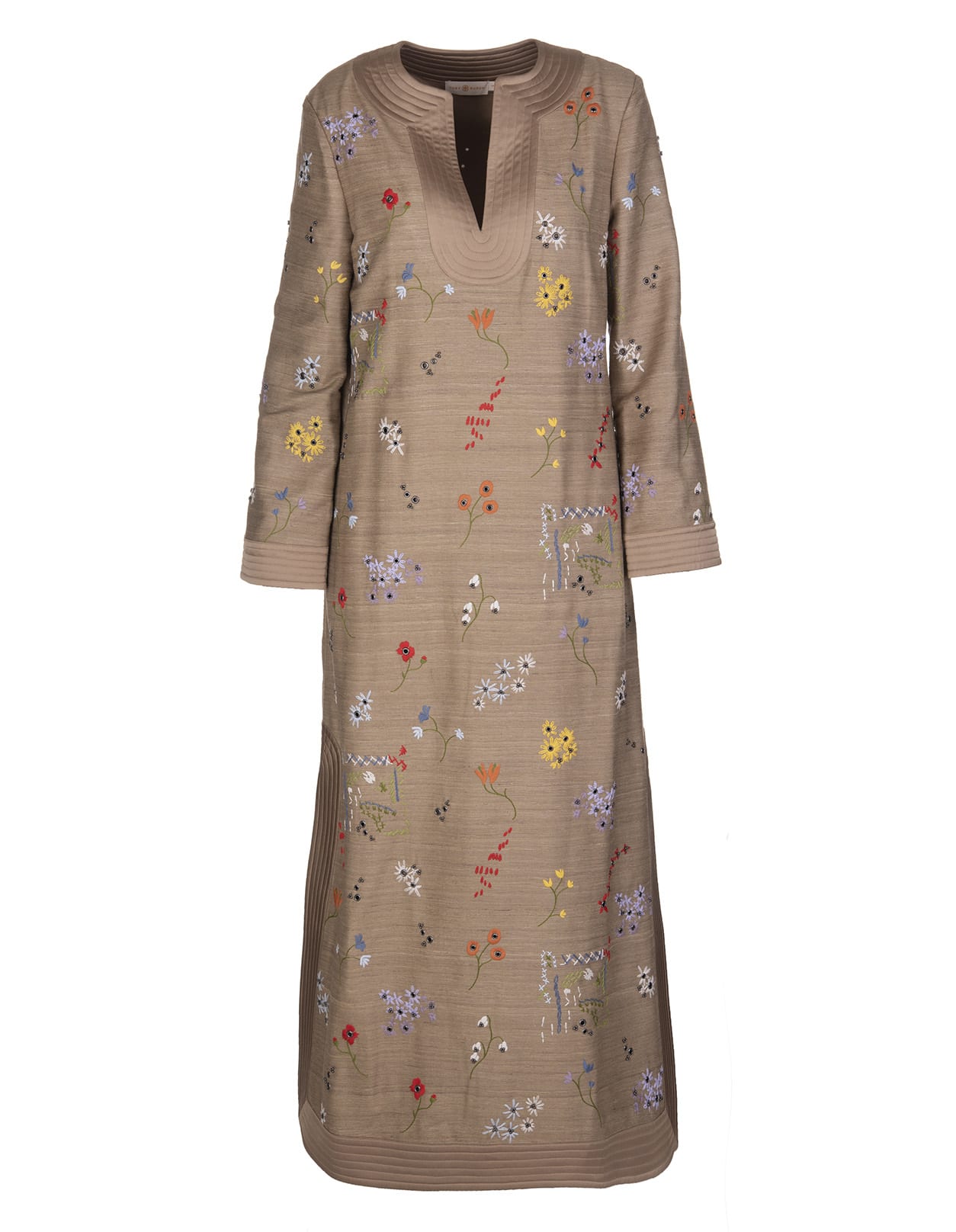 Tory Burch Khaki Caftan With Embroidered Wildflowers