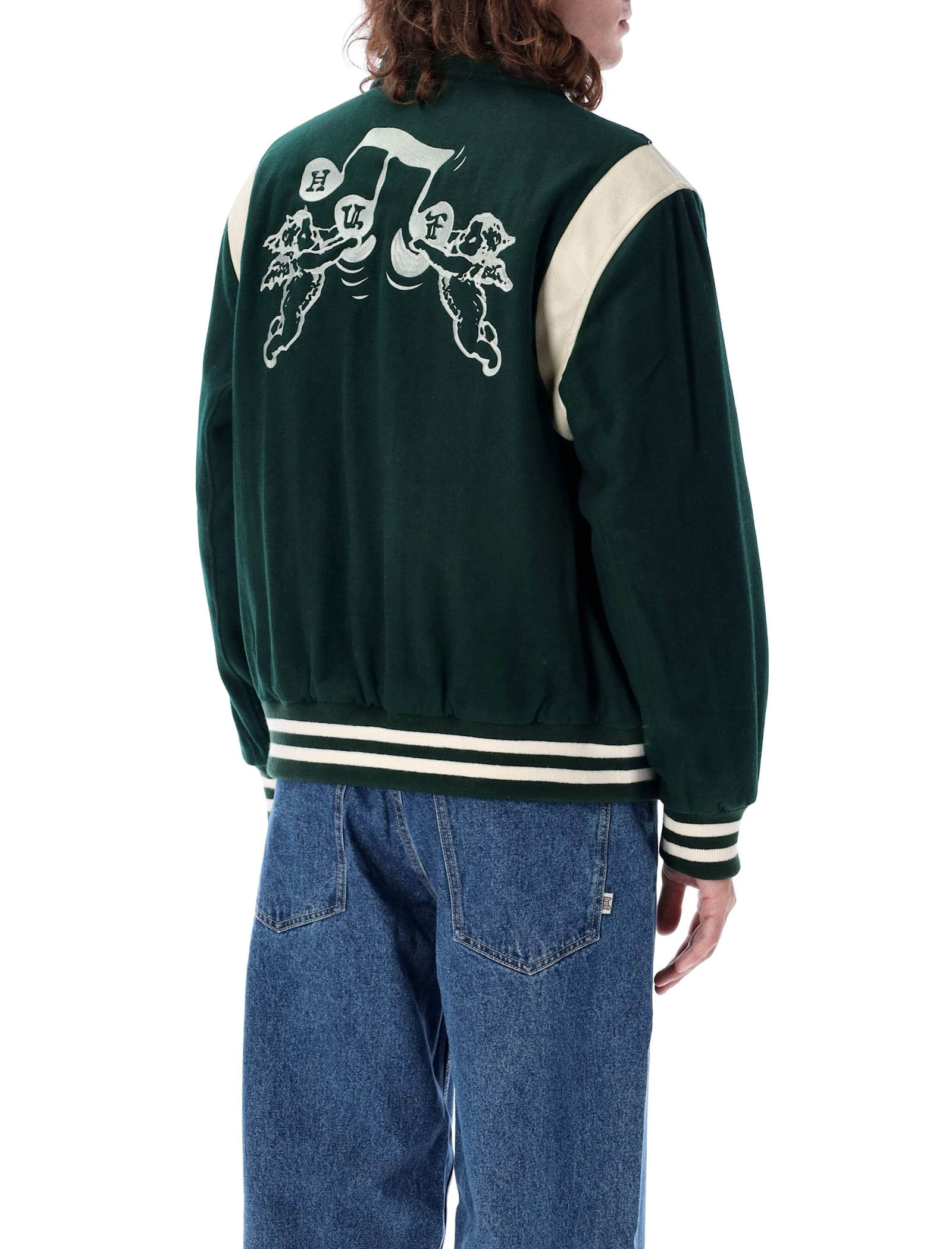 Shop Huf Varsity Jacket In Hunter Green