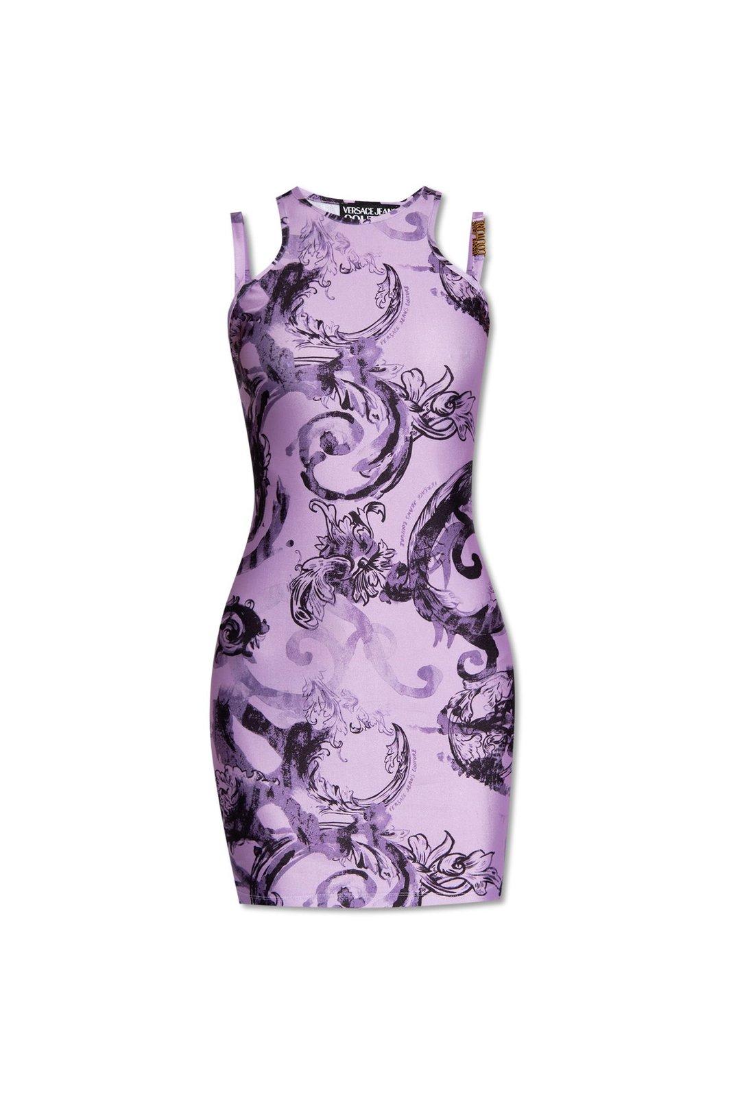 Shop Versace Jeans Couture Watercolour Couture-printed Sleeveless Midi Dress In Purple