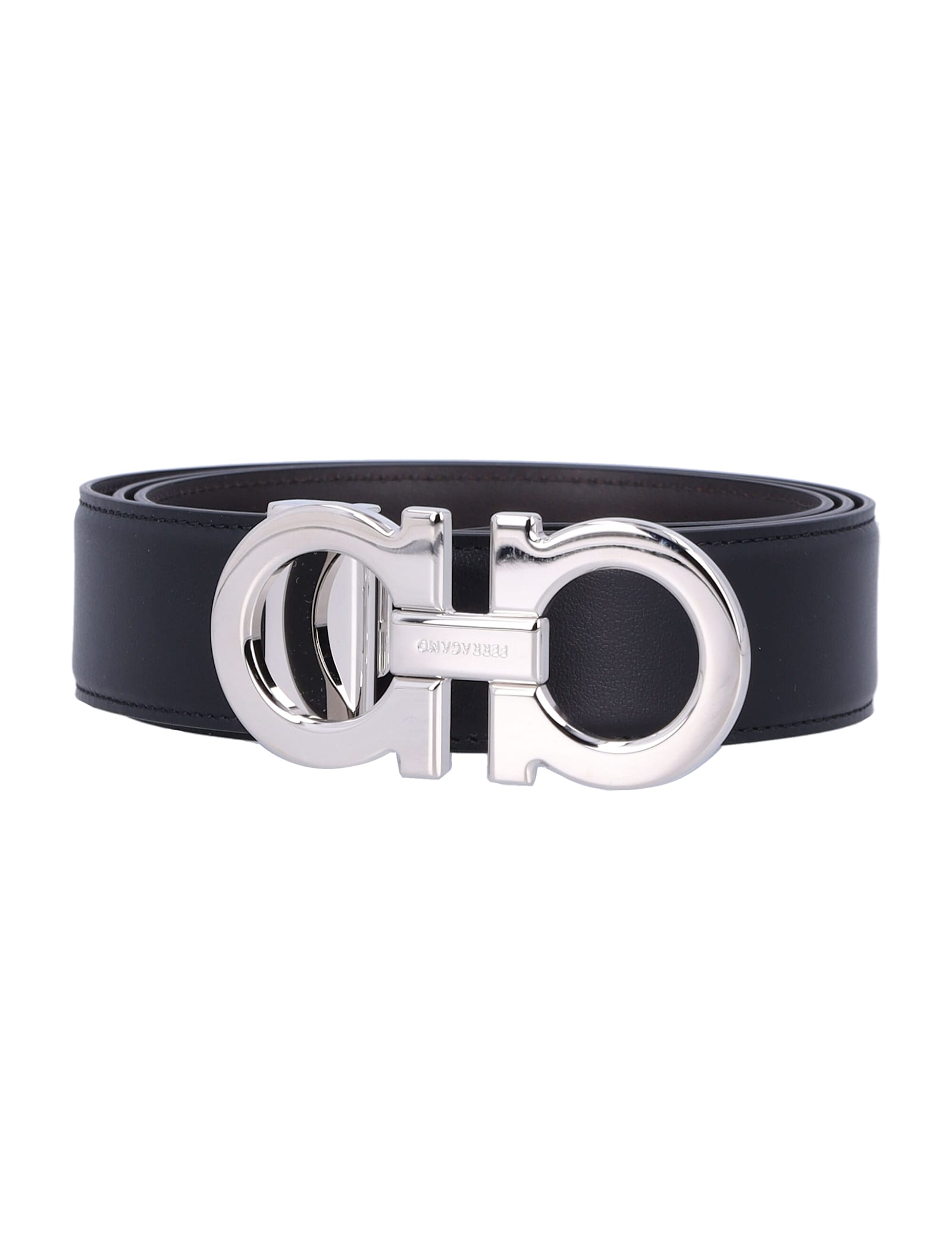 Ferragamo Double Gancini Adjustable And Reversible Leather Belt In Black