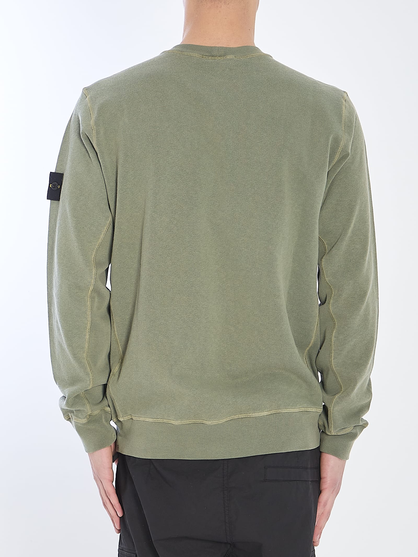 Stone Island Green Crewneck Sweatshirt With Logo Patch On The Sleeve In Cotton Man In Green