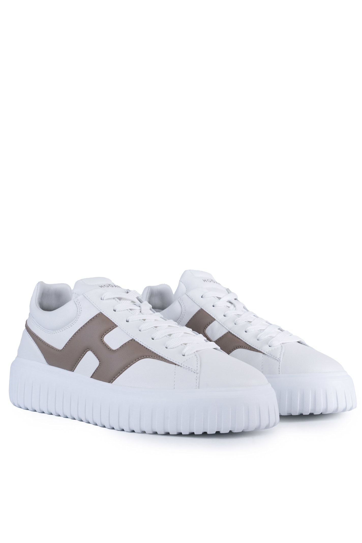 Hogan H-stripes Sneakers In Leather In Bianco/marrone