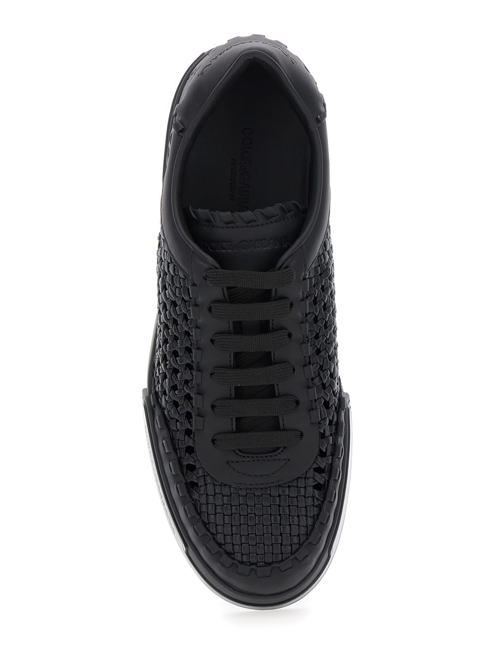 Dolce & Gabbana Round Toe Leather Low Top Sneakers In Black