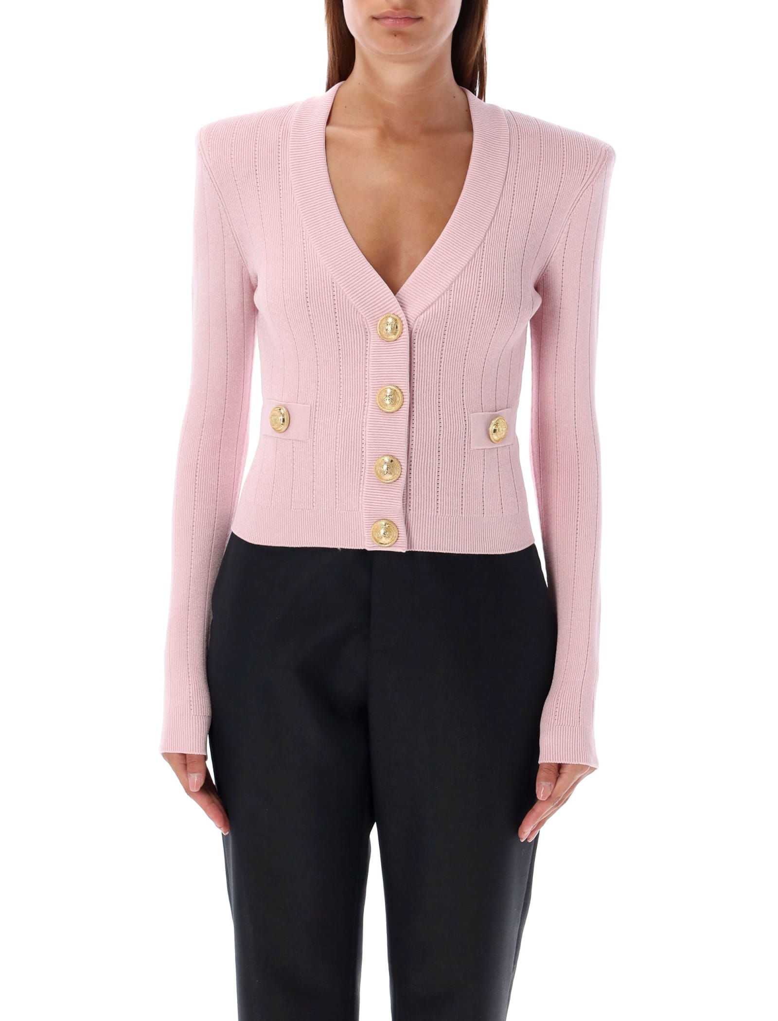 Shop Balmain Gold Buttons Knit Cardigan In Light Rose