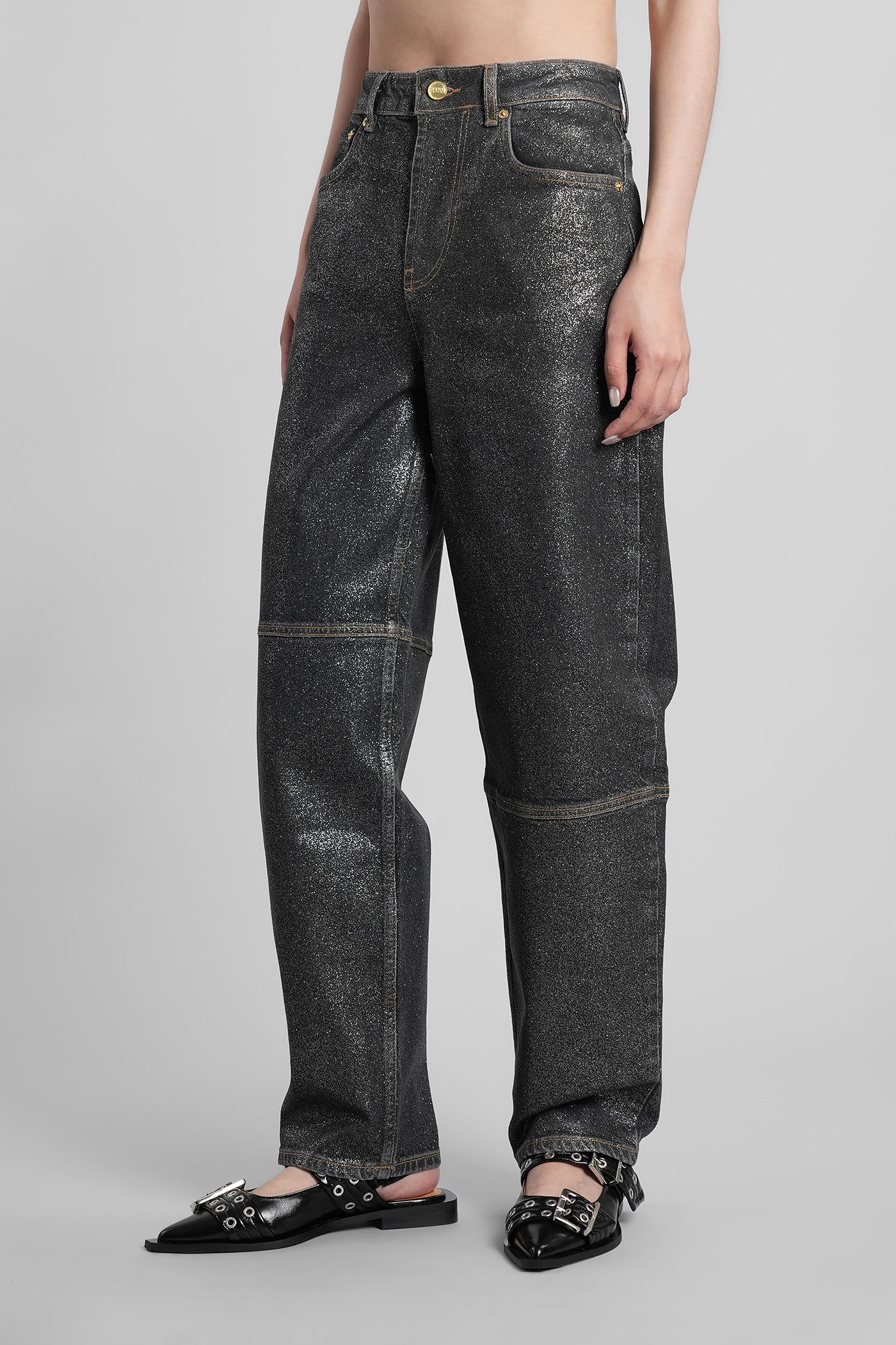 Ganni Shimmery Foil Stary Jeans In Black