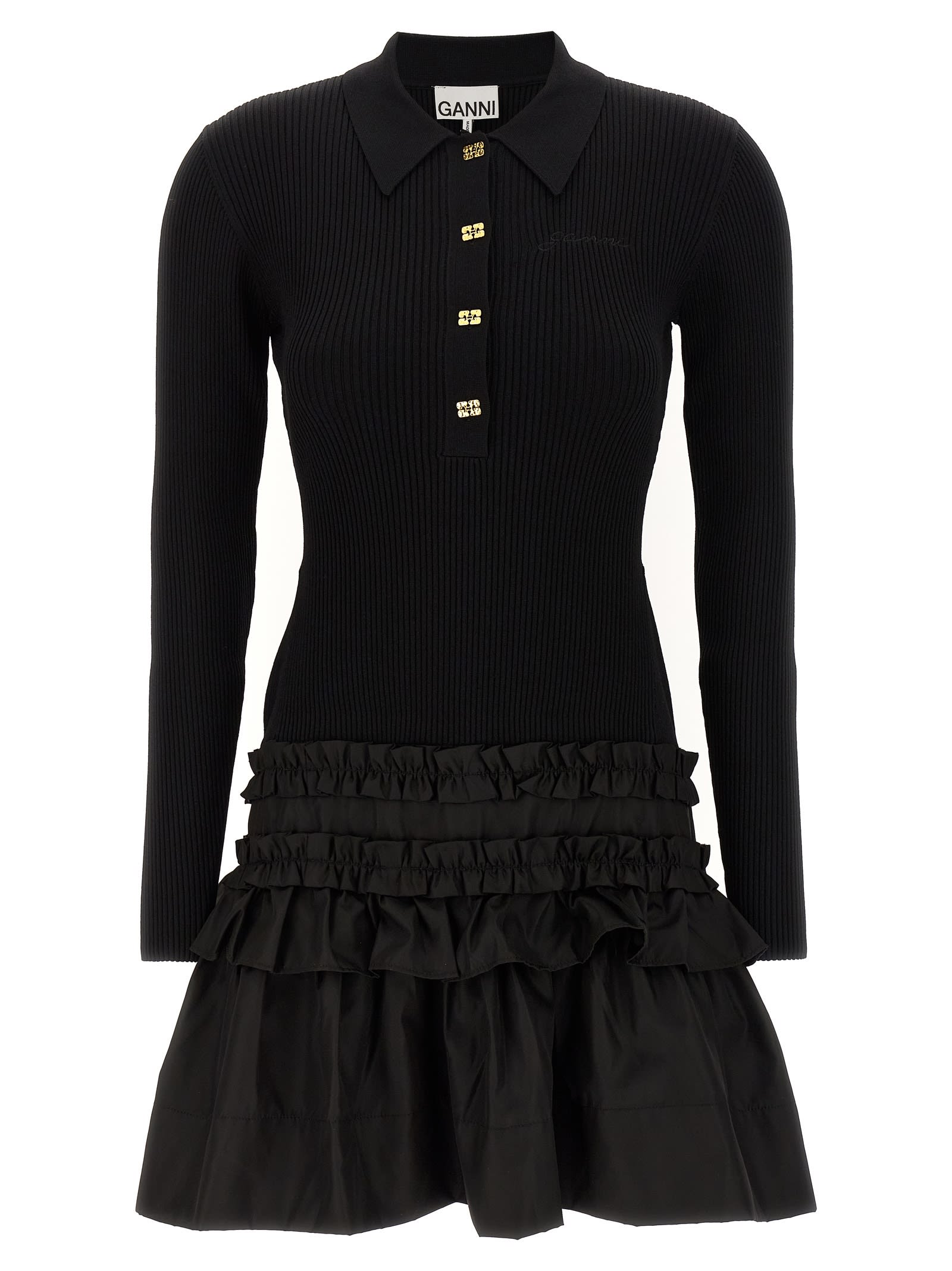 Ganni Melange Rib Knit Mini Dress In Black