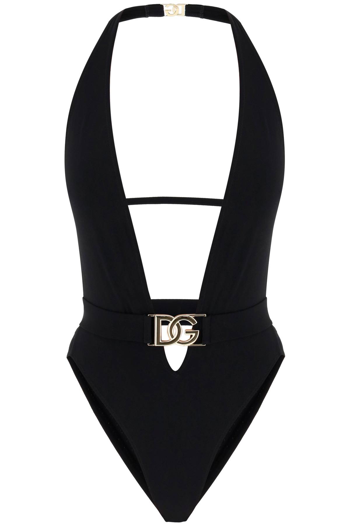Shop Dolce & Gabbana Plunging Neckline Belted Swimsuit In Nero