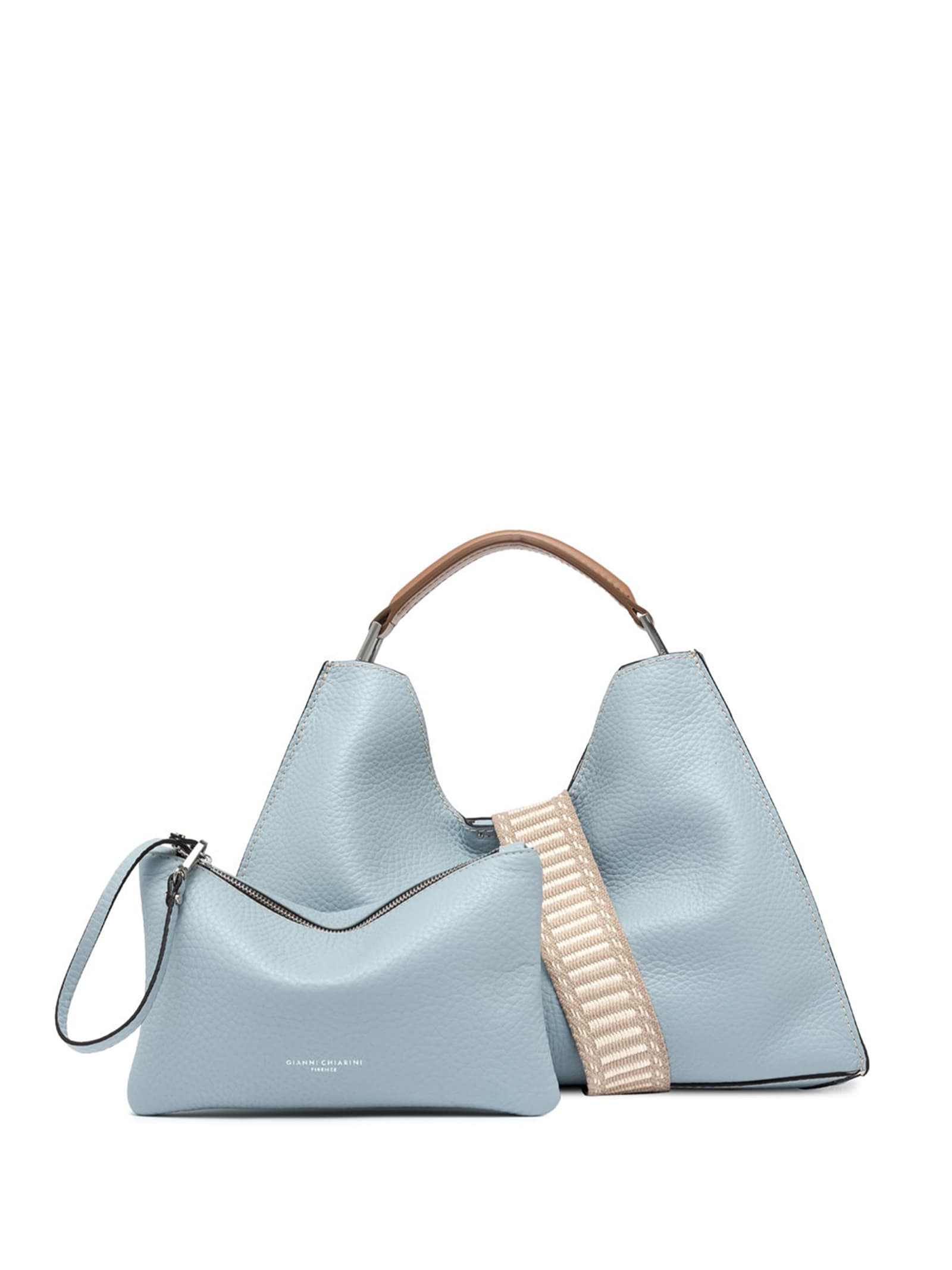 Shop Gianni Chiarini Aurora Light Blue Leather Shoulder Bag In Artico-sabbia