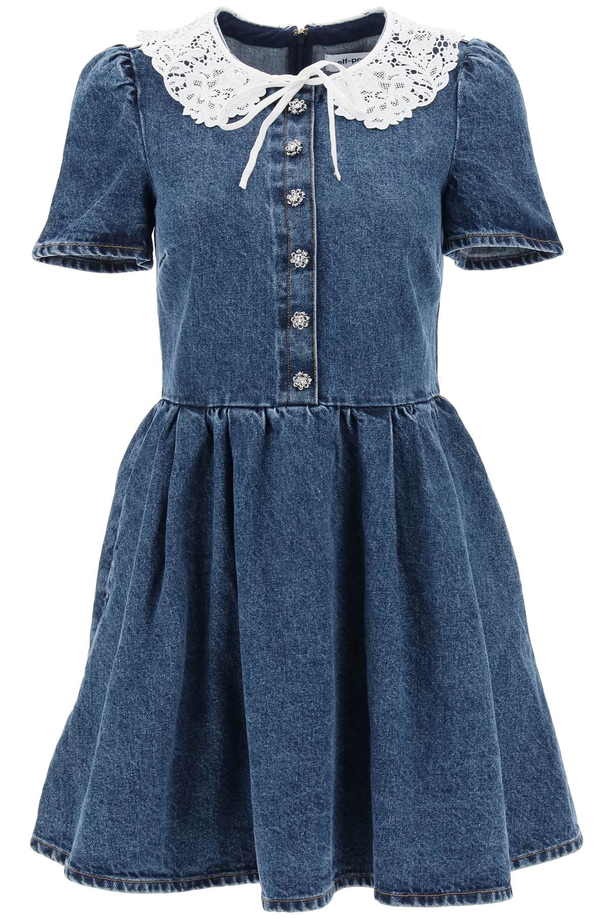 self-portrait Denim Mini Dress With Lace Collar And Jewel Buttons
