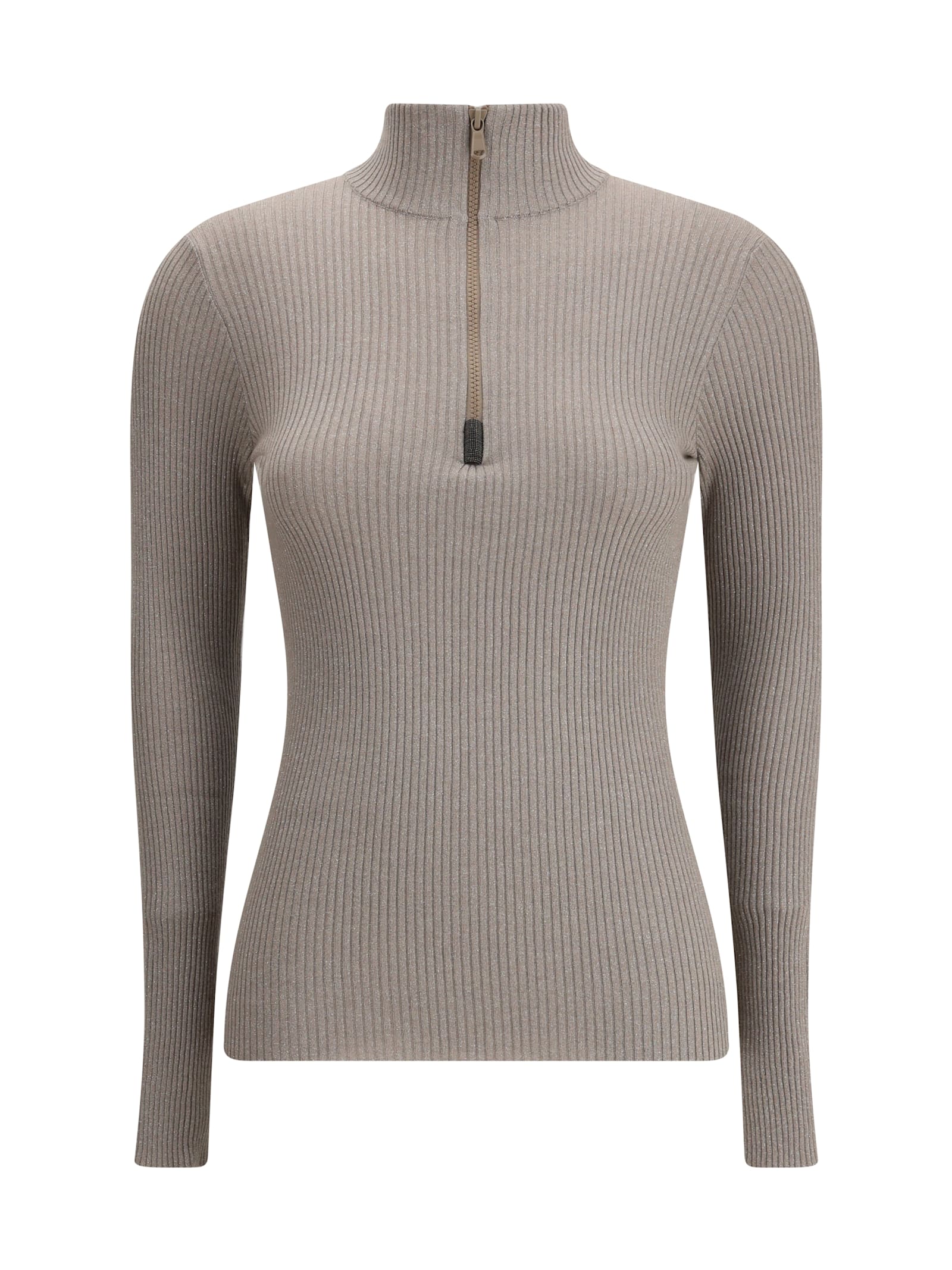 Brunello Cucinelli Women Zipped High Neck Top In Brown