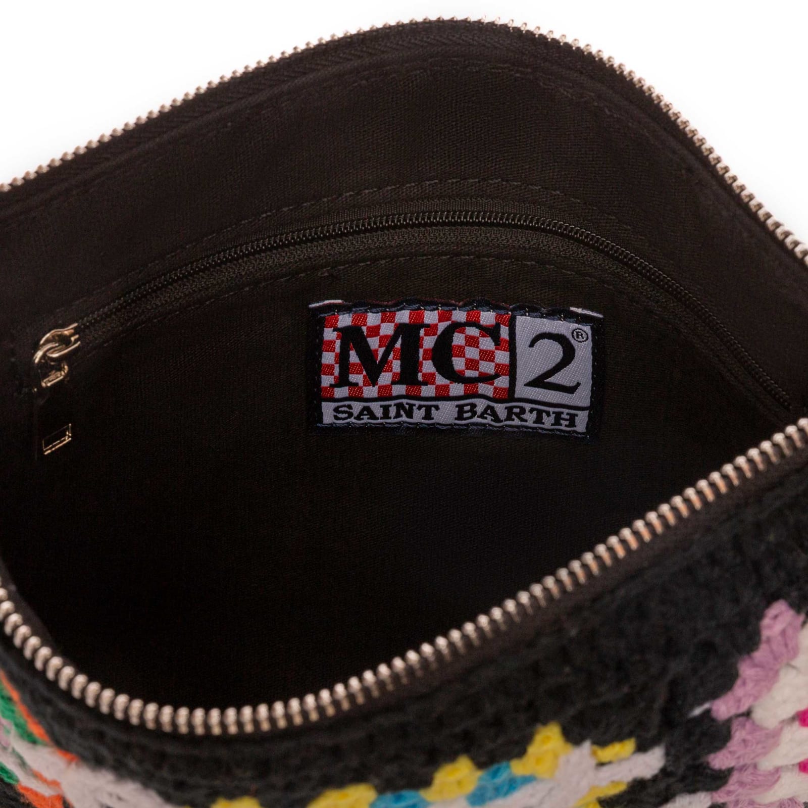 Shop Mc2 Saint Barth Parisienne Black Crochet Pouch Bag With Saint Barth Embroidery